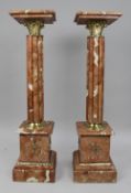 Pair of Rouge Marble Column Pedestals