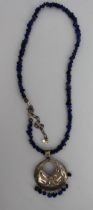Vintage Lapis Lazuli Bead Necklace wih Sterling Silver Pendant