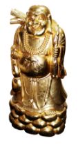 Large Carved Wood Gold Leaf Laughing Buddha on Rocks