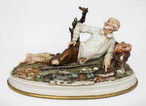 Vintage Capodimonte Sculpture Reclining Old Man & Bird