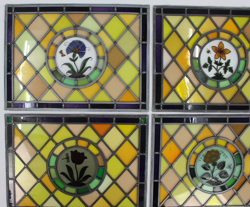 Set of 4 Vintage Leaded Stained Glass Hand Painted Panels - Image 2 of 5