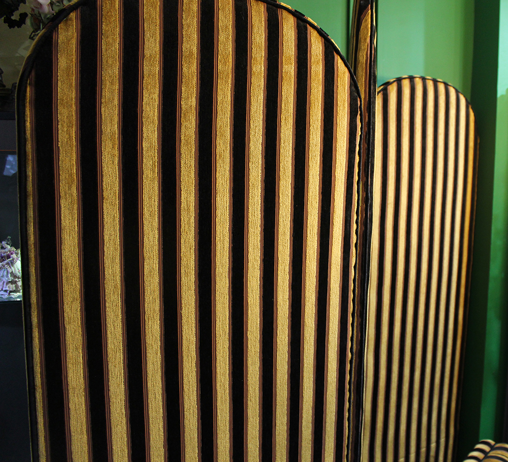 Large Three Fold Gold Striped Upholstered Screen Room Divider - Image 7 of 8