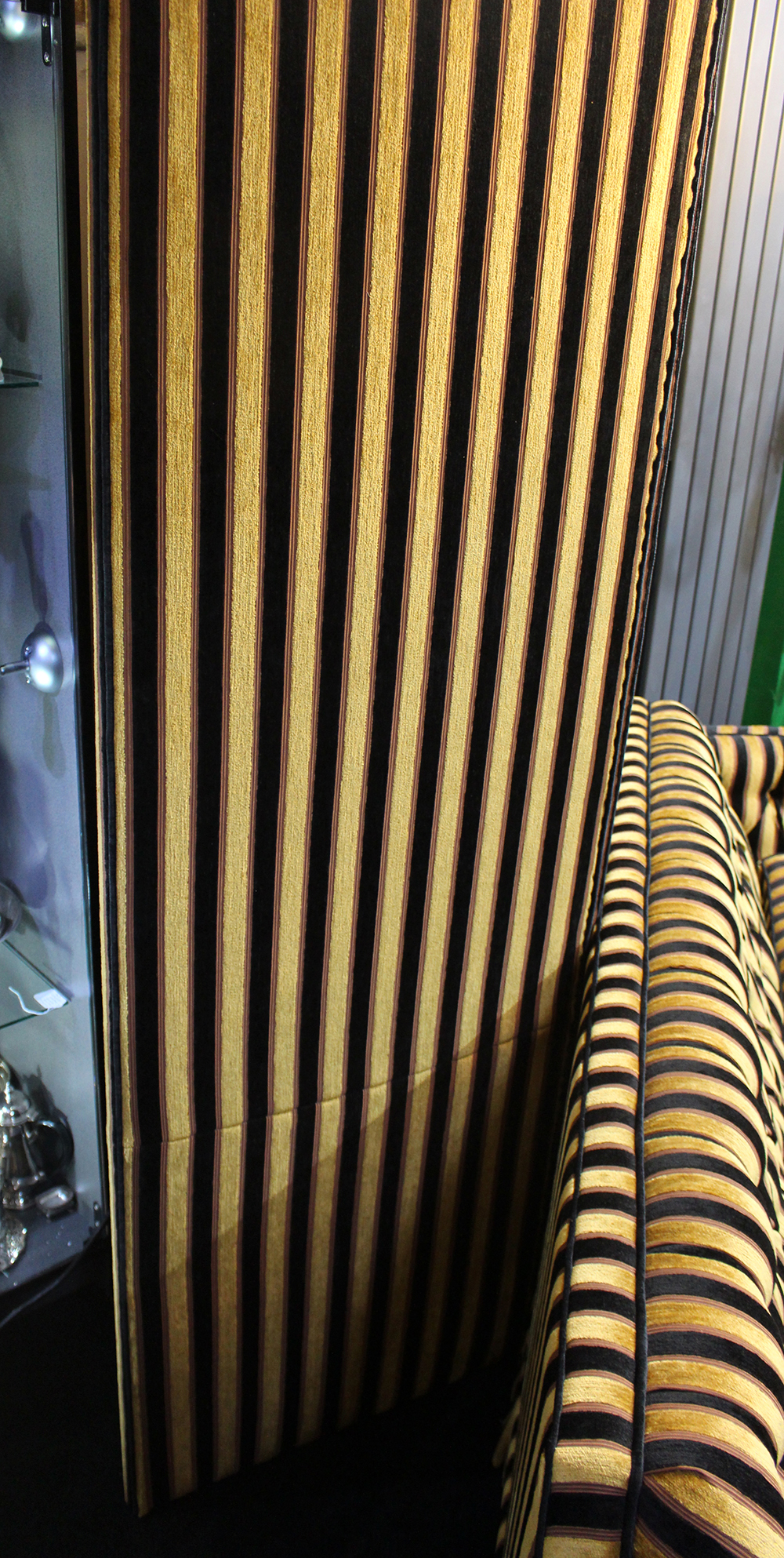 Large Three Fold Gold Striped Upholstered Screen Room Divider - Image 8 of 8