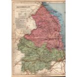 County of Northumberland Large Victorian Letts 1884 Antique Coloured Map.