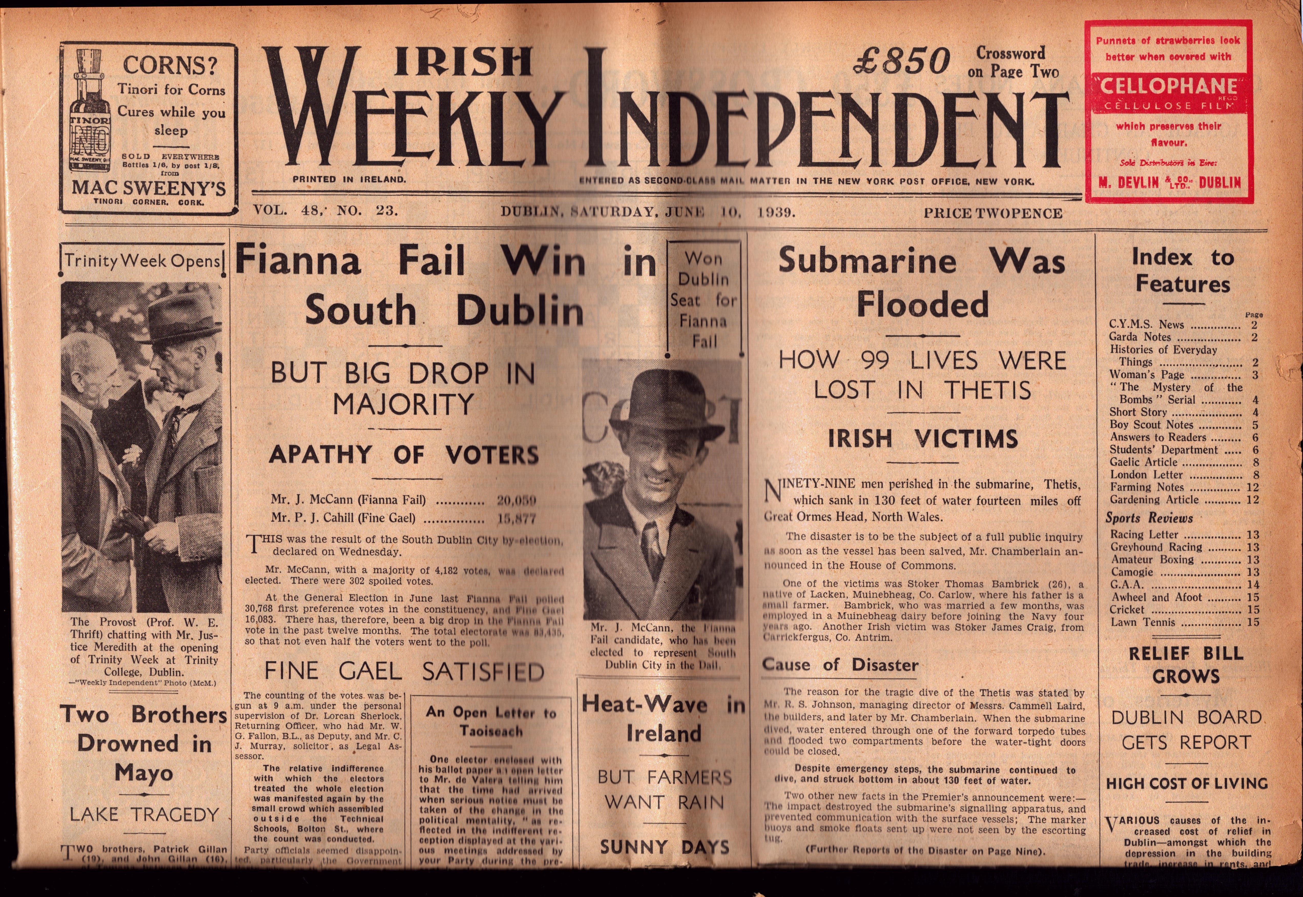 Complete Edition the Weekly Irish Independence 10th June 1939 Newspaper.