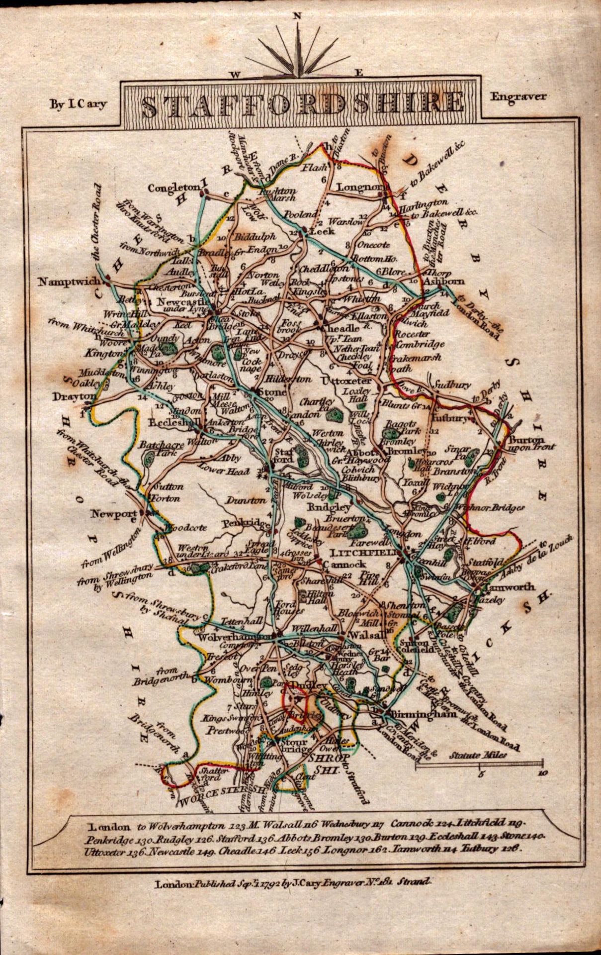 Staffordshire John Cary’s 1792 Antique George III Coloured Engraved Map.