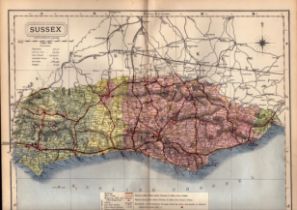 County of Sussex Large Victorian Letts 1884 Antique Coloured Map.