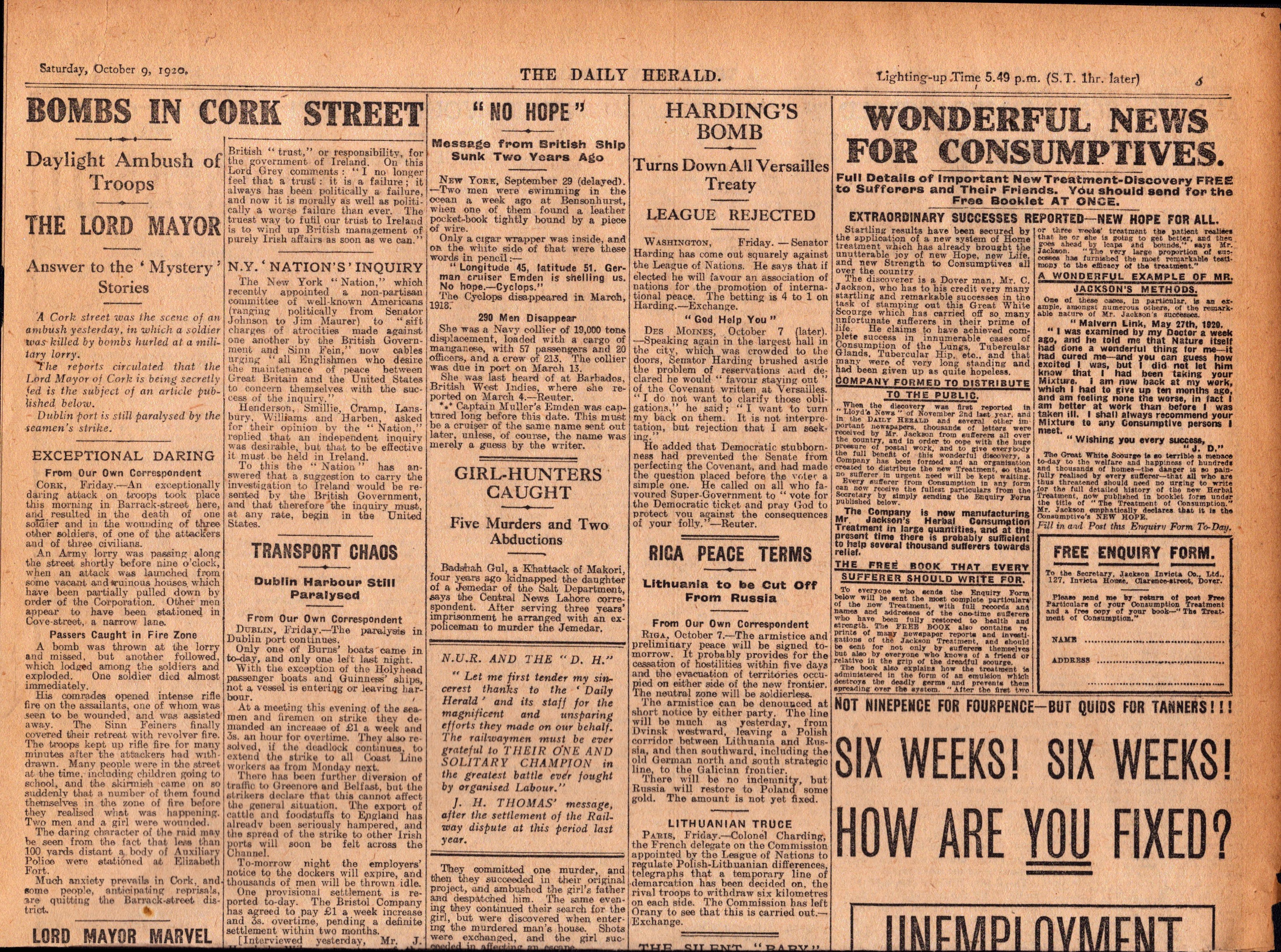 Irish War of Independence News Reports Black & Tans, Hunger Strikes 1920-7.