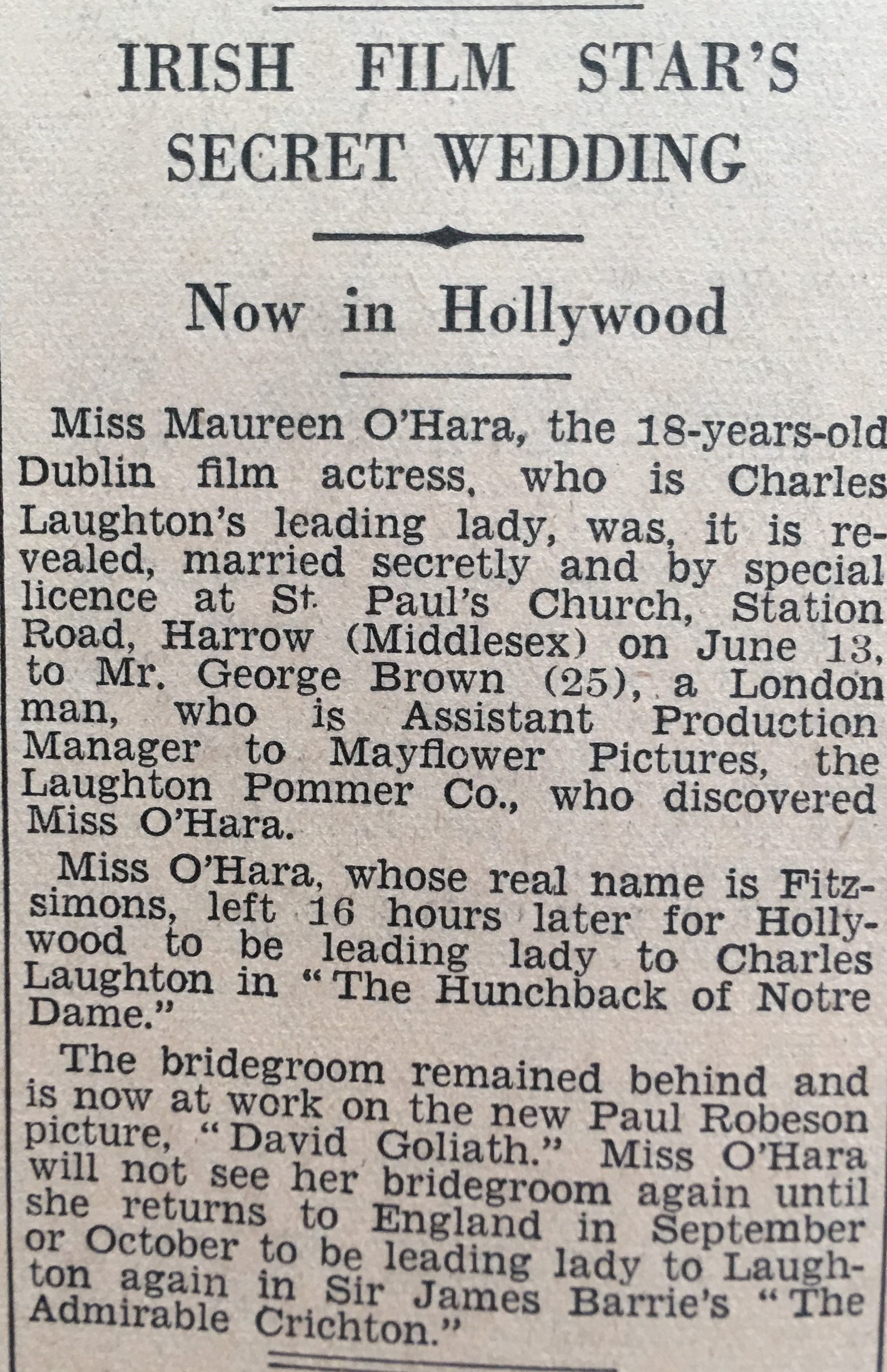 Irish Independence 1939 Newspaper 18 Years Old Hollywood Actress Maureen O’Hara Gets Married. - Bild 2 aus 6