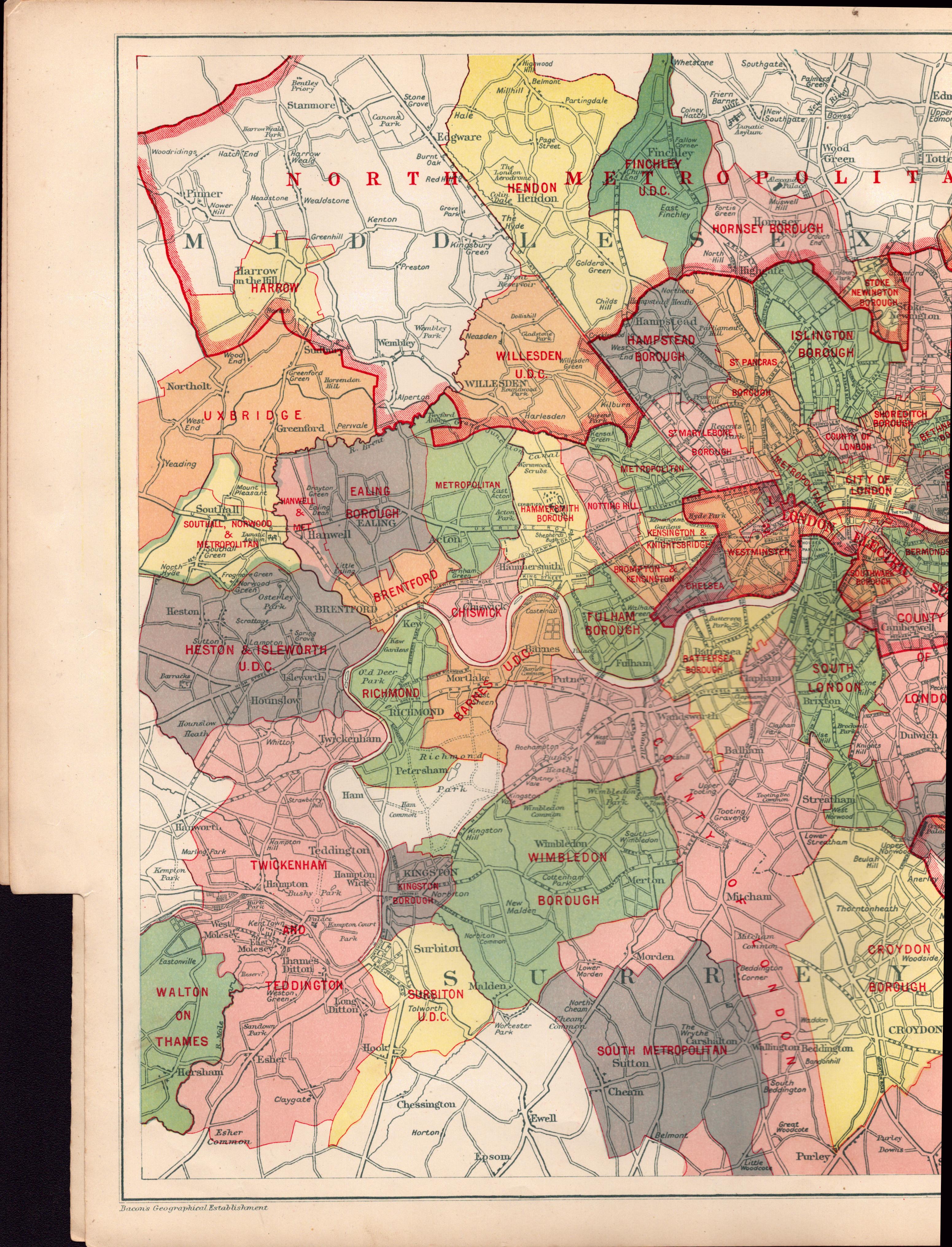 Bacons London Electric Supply Detailed Map West Ham, Chelsea, Fulham. - Image 2 of 5