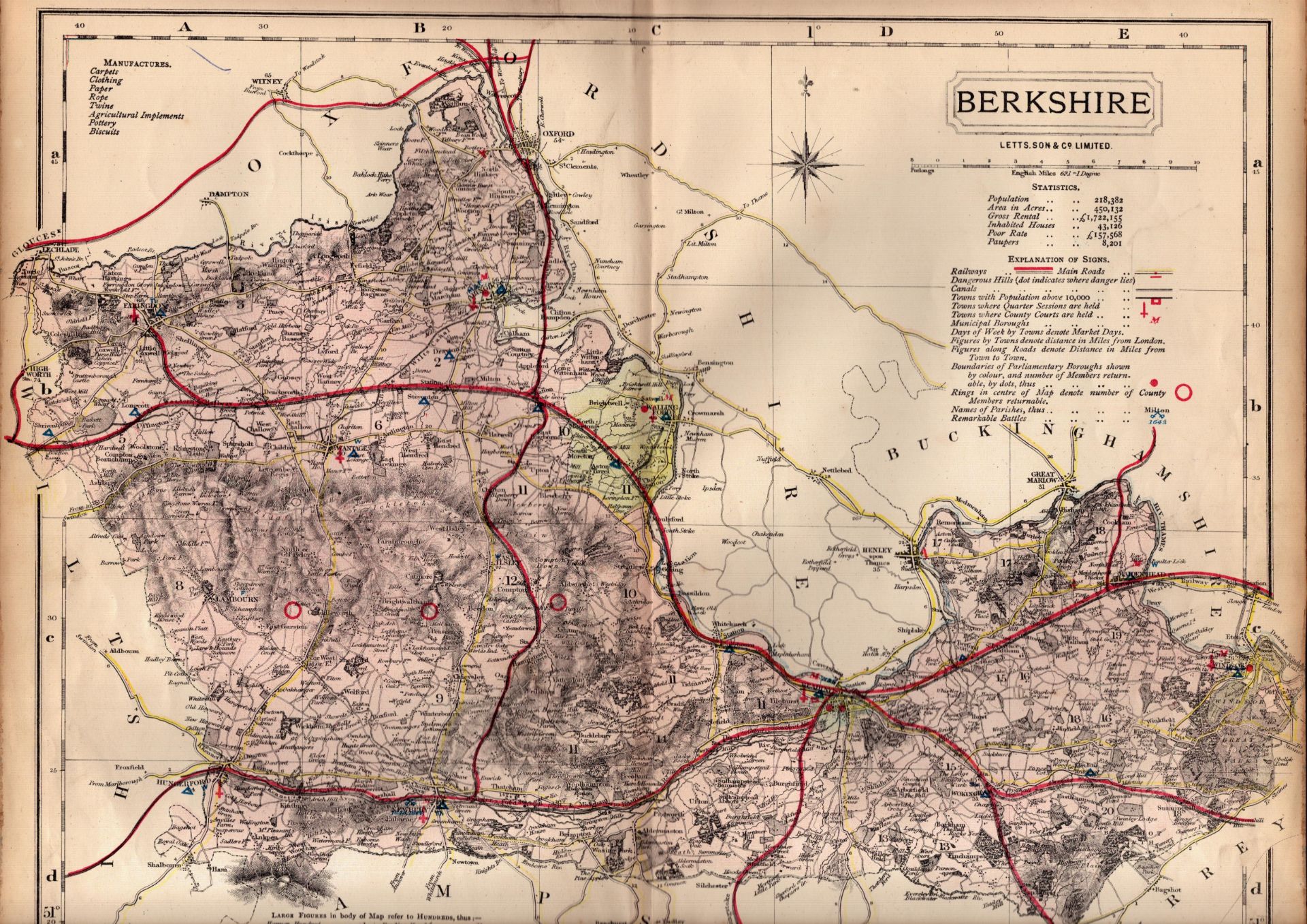 County Of Berkshire Large Victorian Letts 1884 Antique Coloured Map.