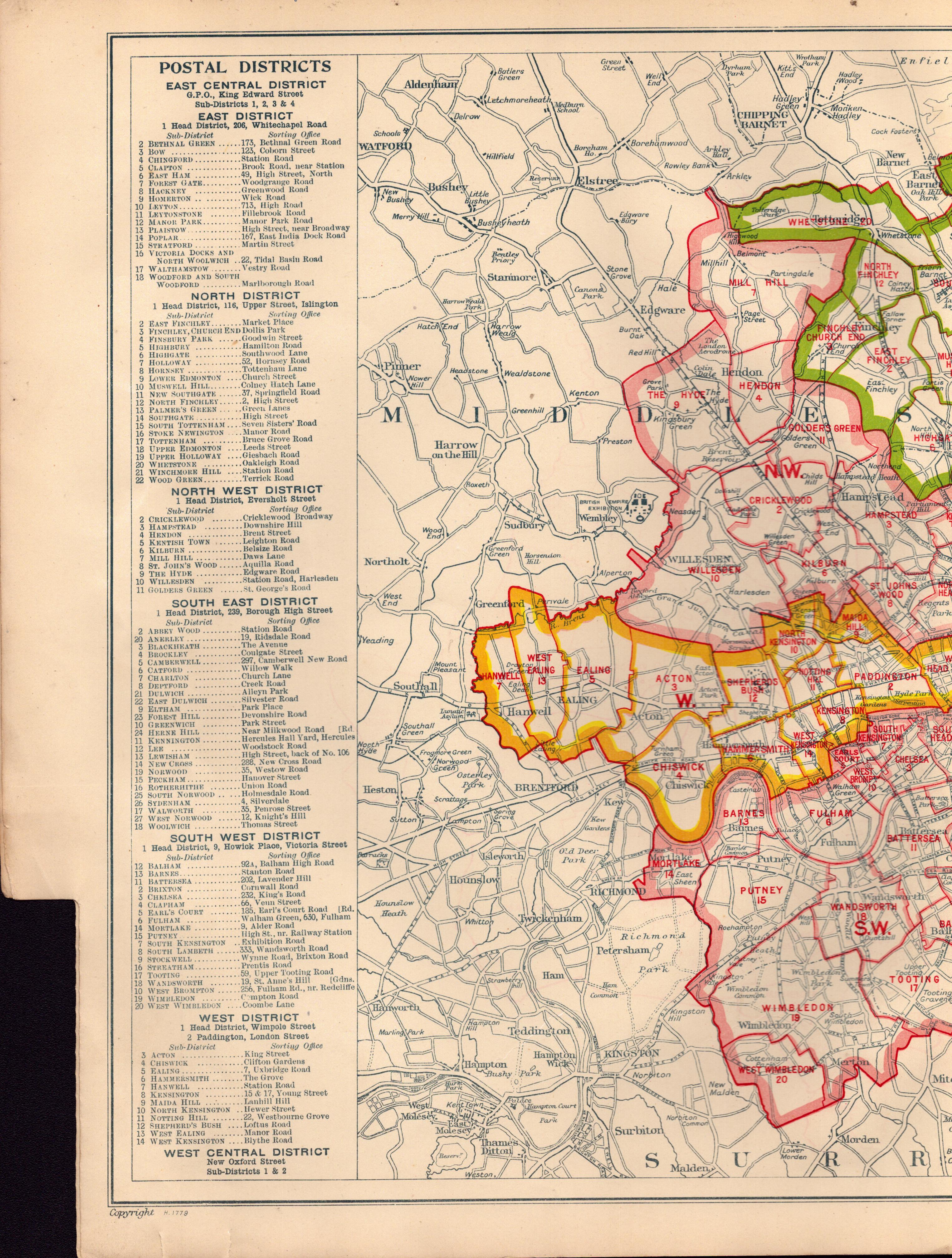 Bacons Vintage London Metropolitan Postal Districts Coloured Map. - Image 2 of 4