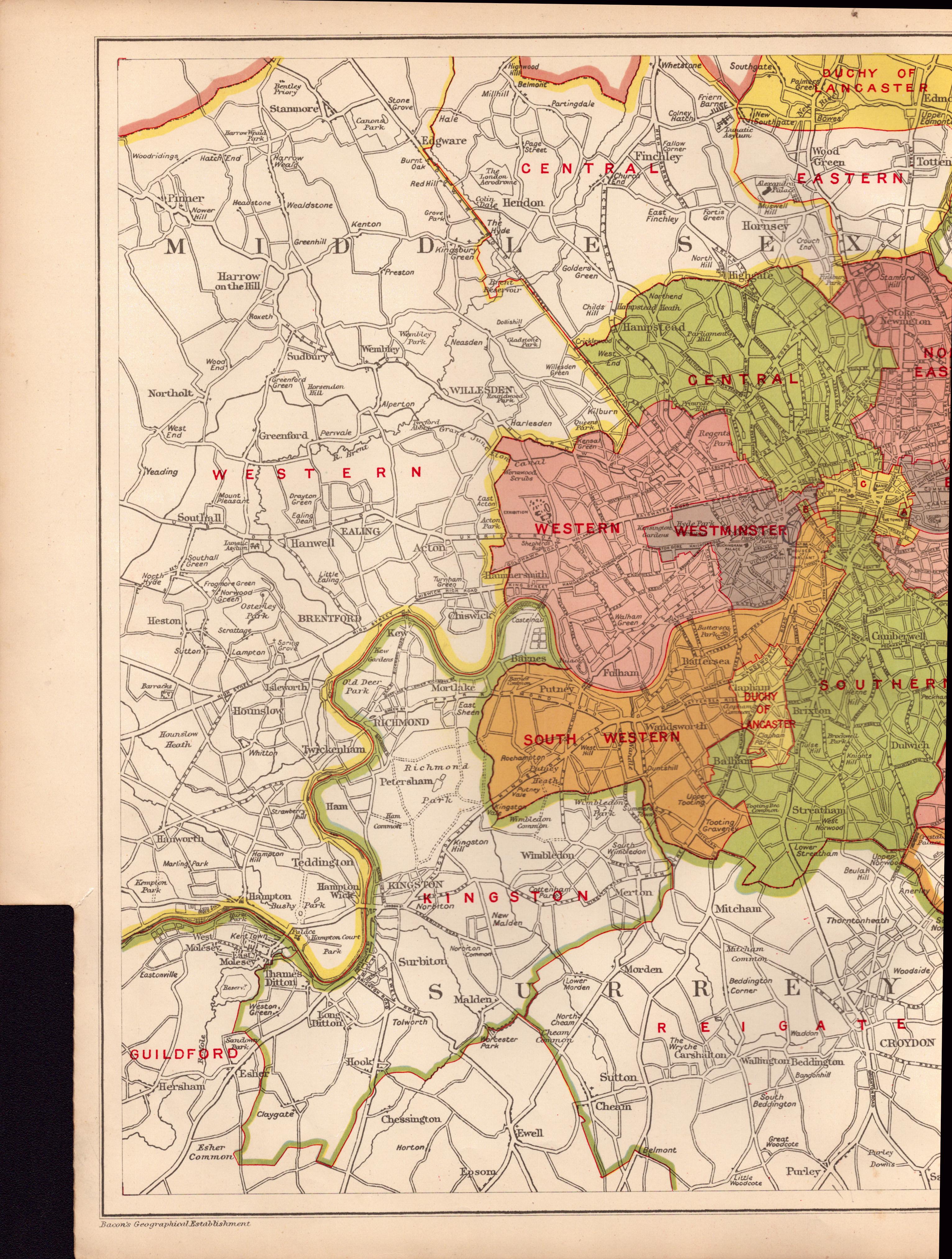 Bacons Vintage London Suburbs Coroners Districts Detailed Map. - Image 2 of 4