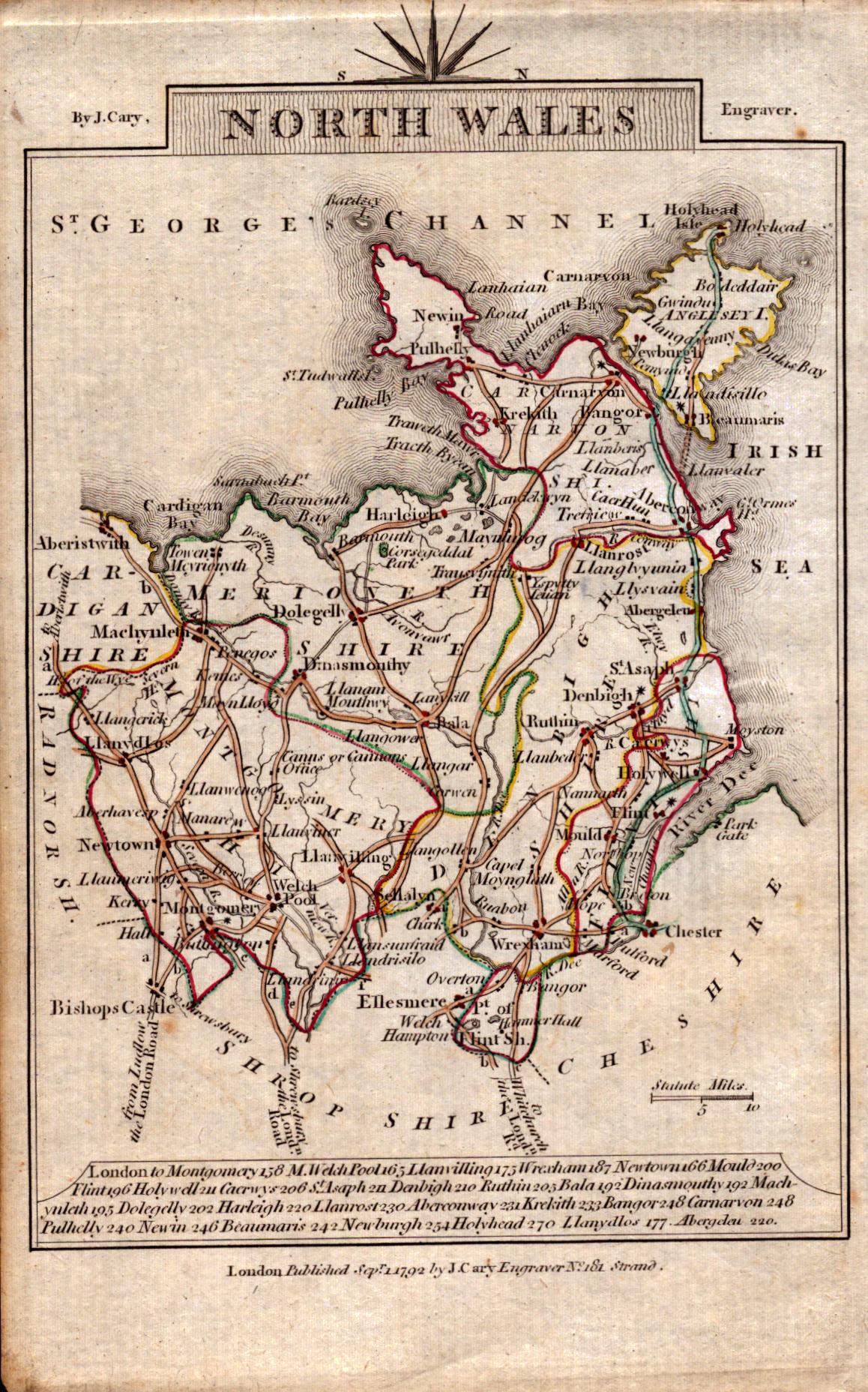 North Wales John Cary’s 1792 Antique George III Coloured Engraved Map.