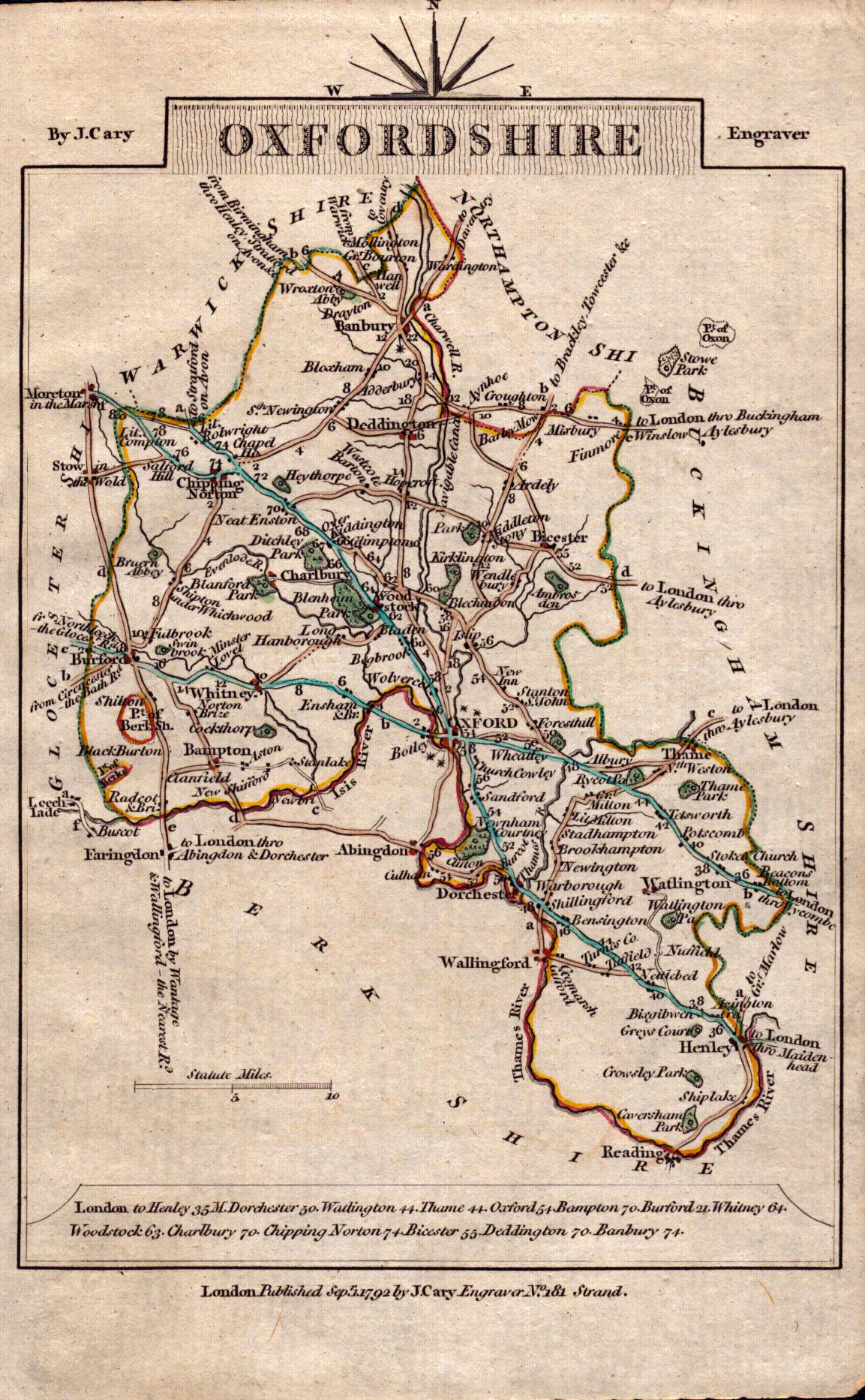 Oxfordshire John Cary’s 1792 Antique George III Coloured Engraved Map.