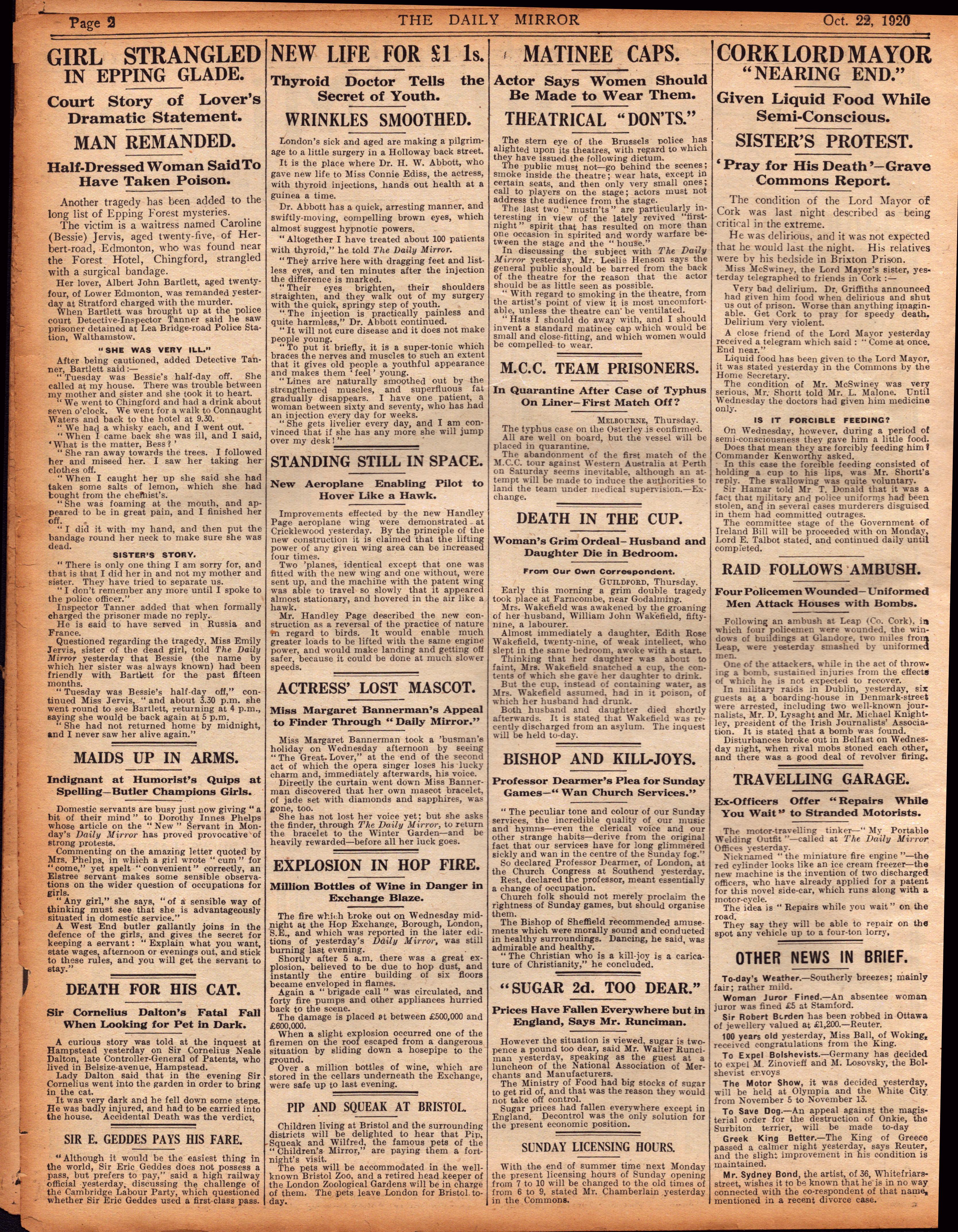 Lord Mayor Cork Hunger Strike “Nearing The End” 1920 Newspaper.