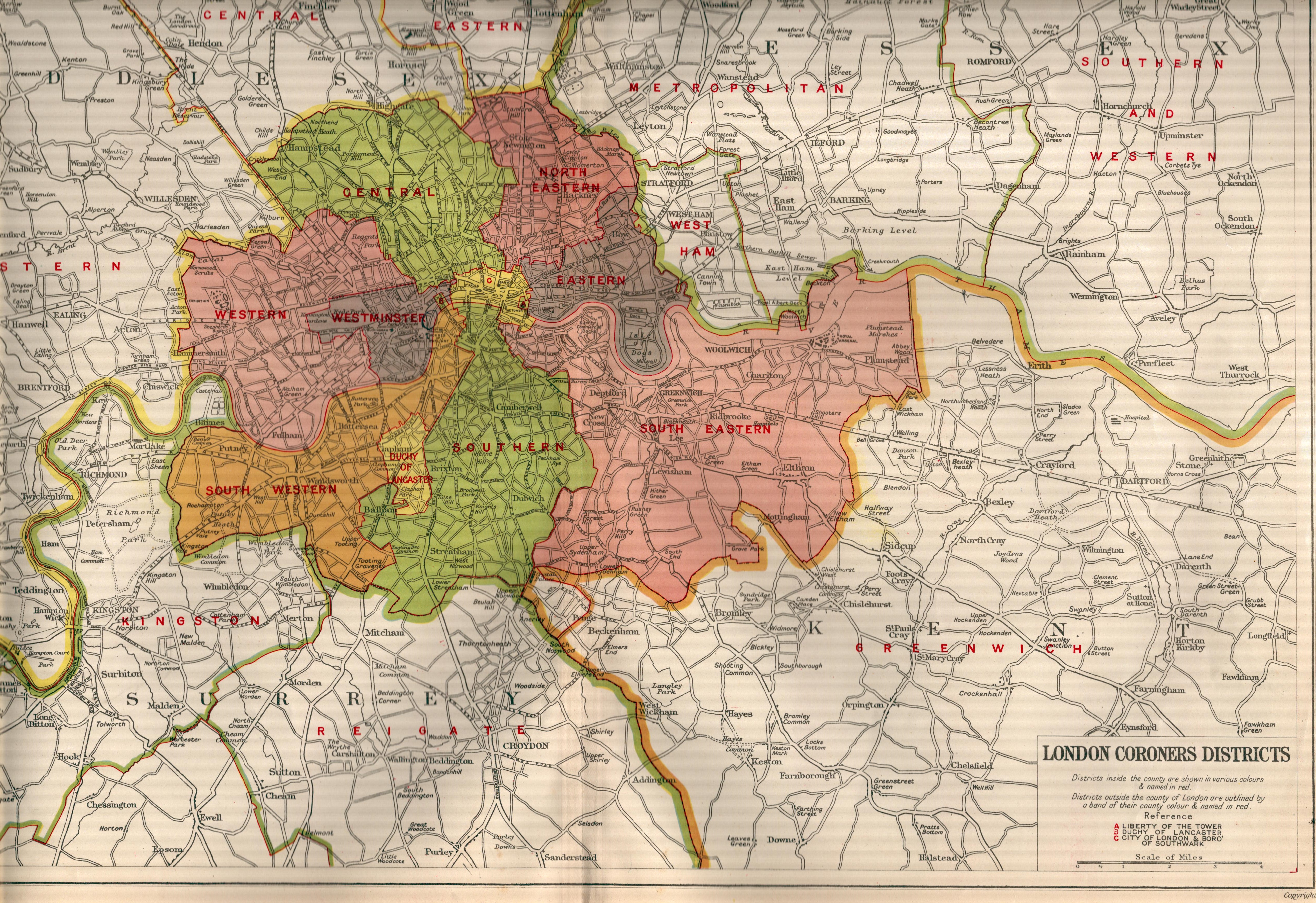 Bacons Vintage London Suburbs Coroners Districts Detailed Map.