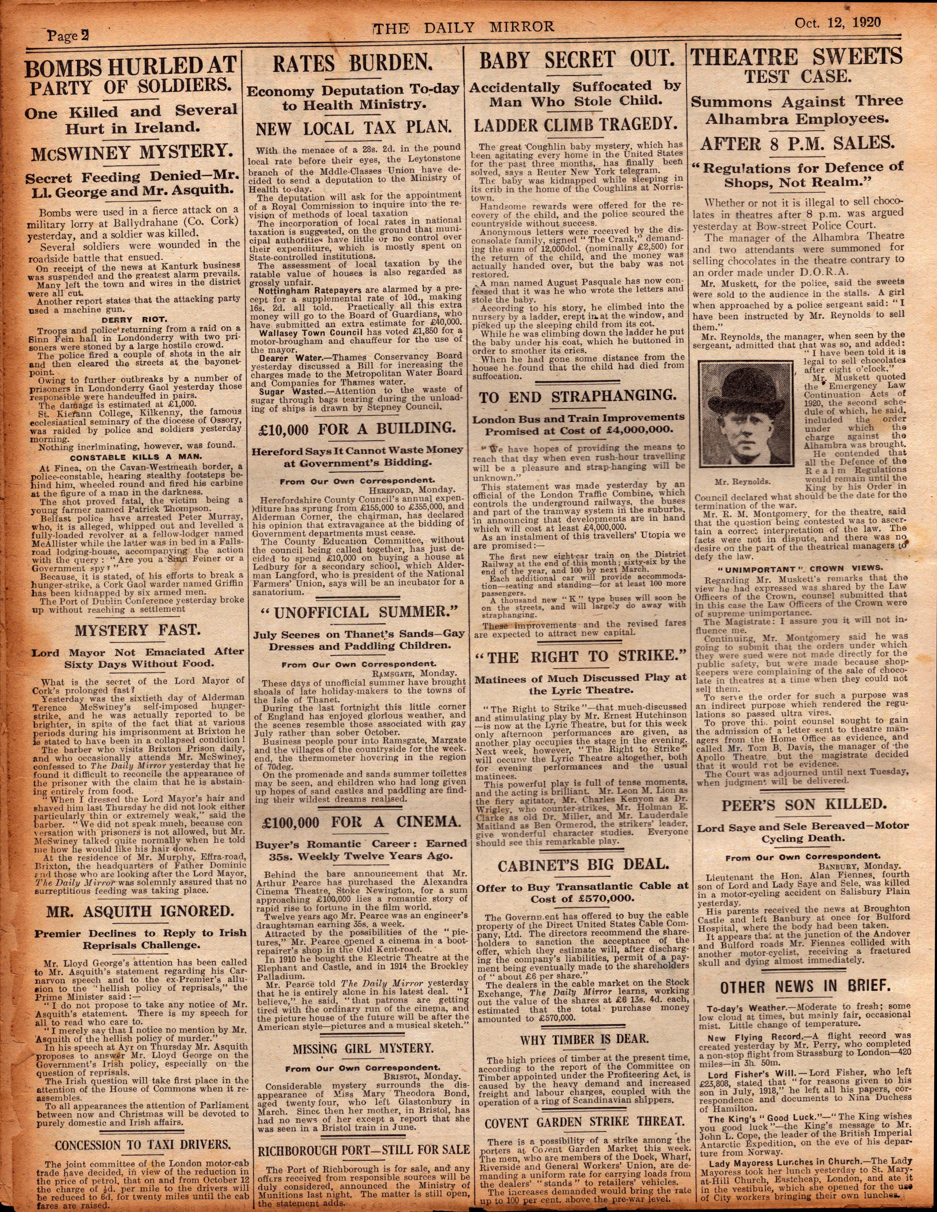 Lord Mayor Cork Entering 60th Day Hunger Strike 1920 Newspaper.