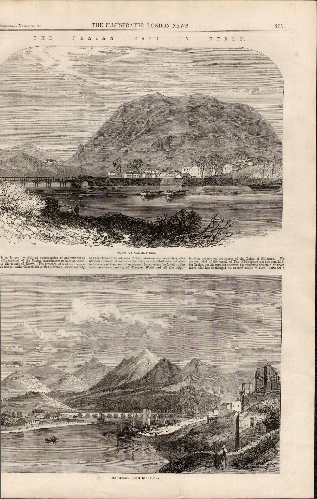The Fenian Raid in Kerry & Killarney Antique Woodgrain Print 1867.