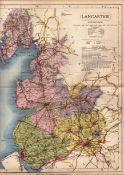 The County of Lancashire Large Victorian Letts 1884 Antique Coloured Map.