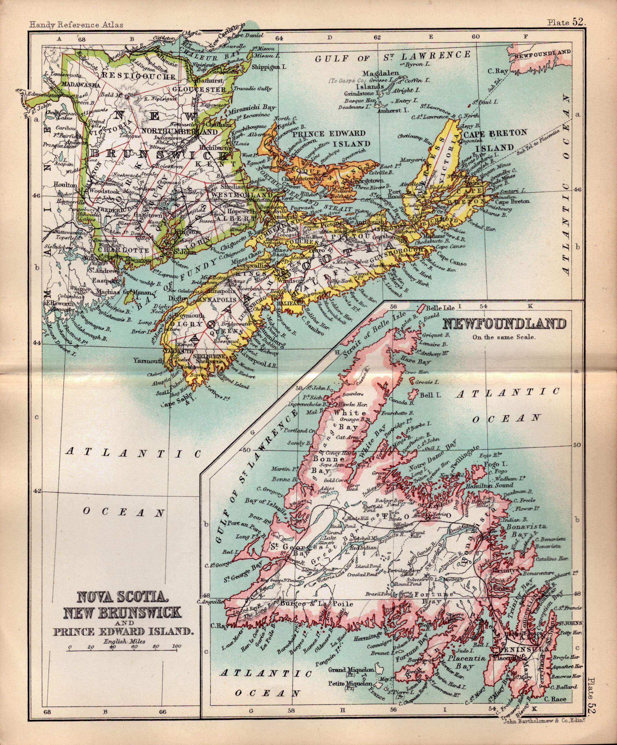 Nova Scotia Newfoundland Canada Double Sided Antique 1896 Map.