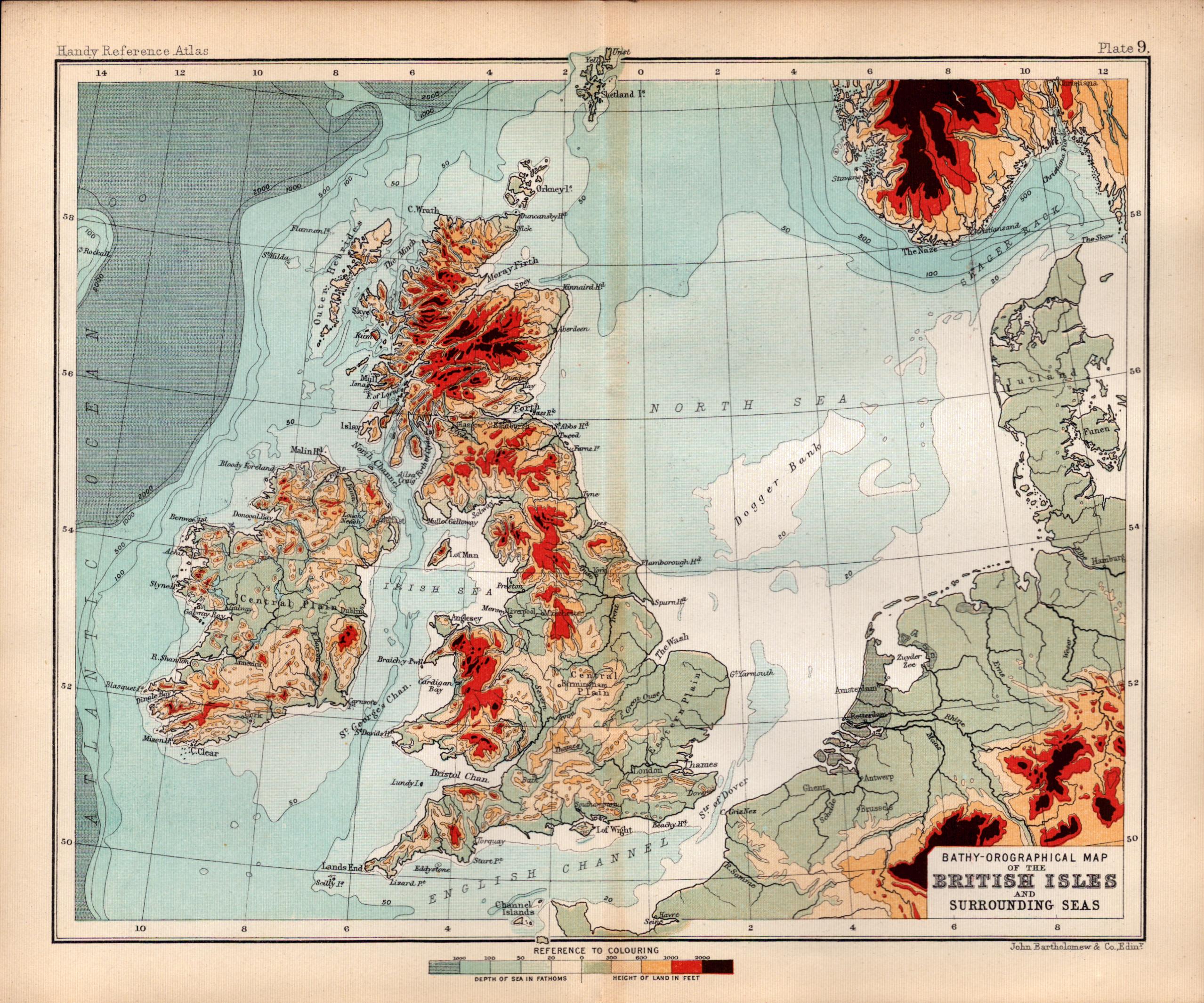 British Isles Bathy-Orographical Double Sided Victorian Antique 1898 Map.