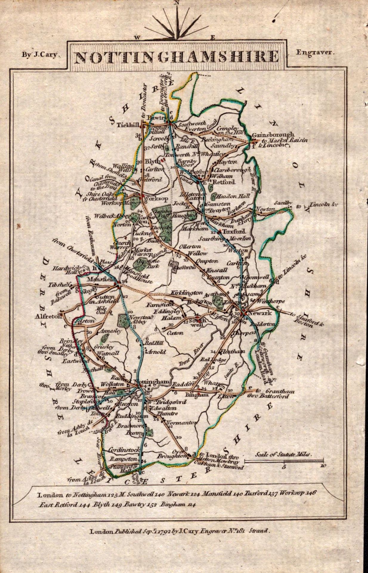 Nottinghamshire John Cary’s 1792 Antique George III Coloured Engraved Map.