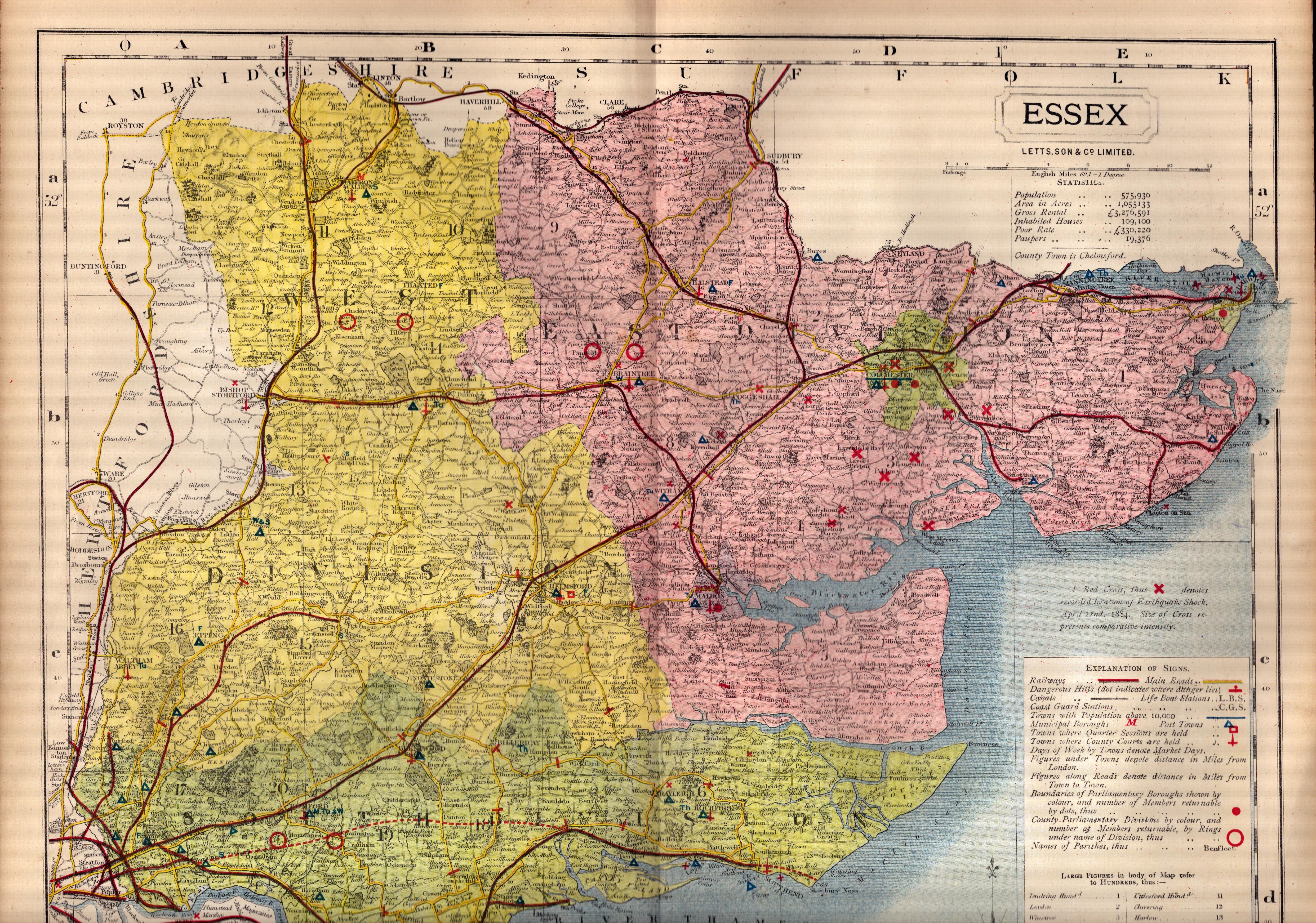 The County of Essex Large Victorian Letts 1884 Antique Coloured Map.