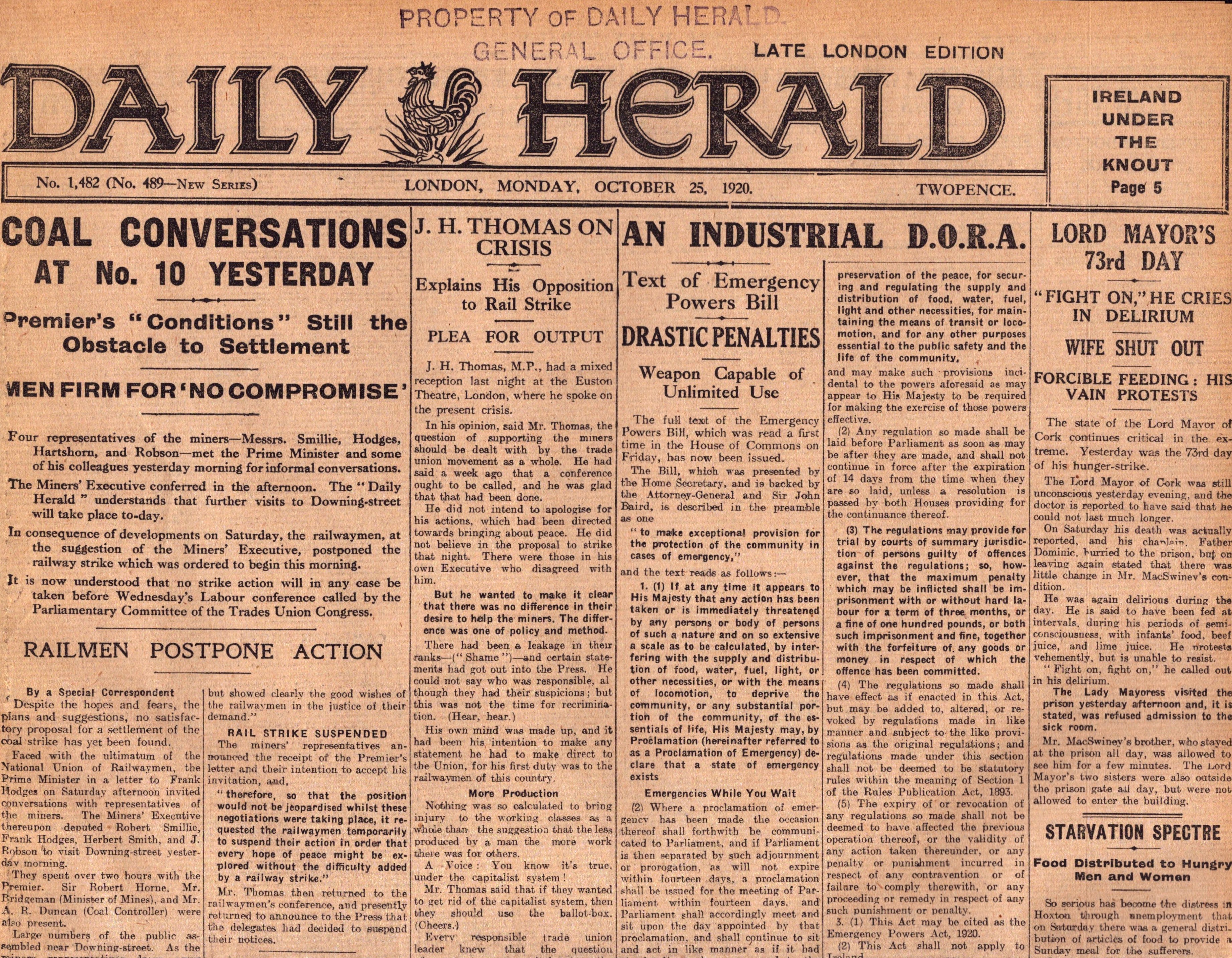 Irish War of Independence News Reports Black & Tans, Hunger Strikes 1920-10.