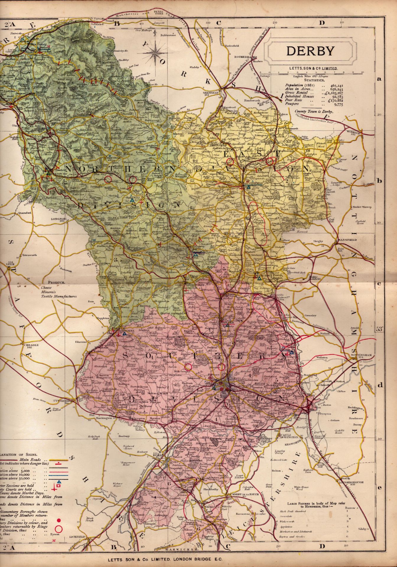 The City Of Derby Large Victorian Letts 1884 Antique Coloured Map.