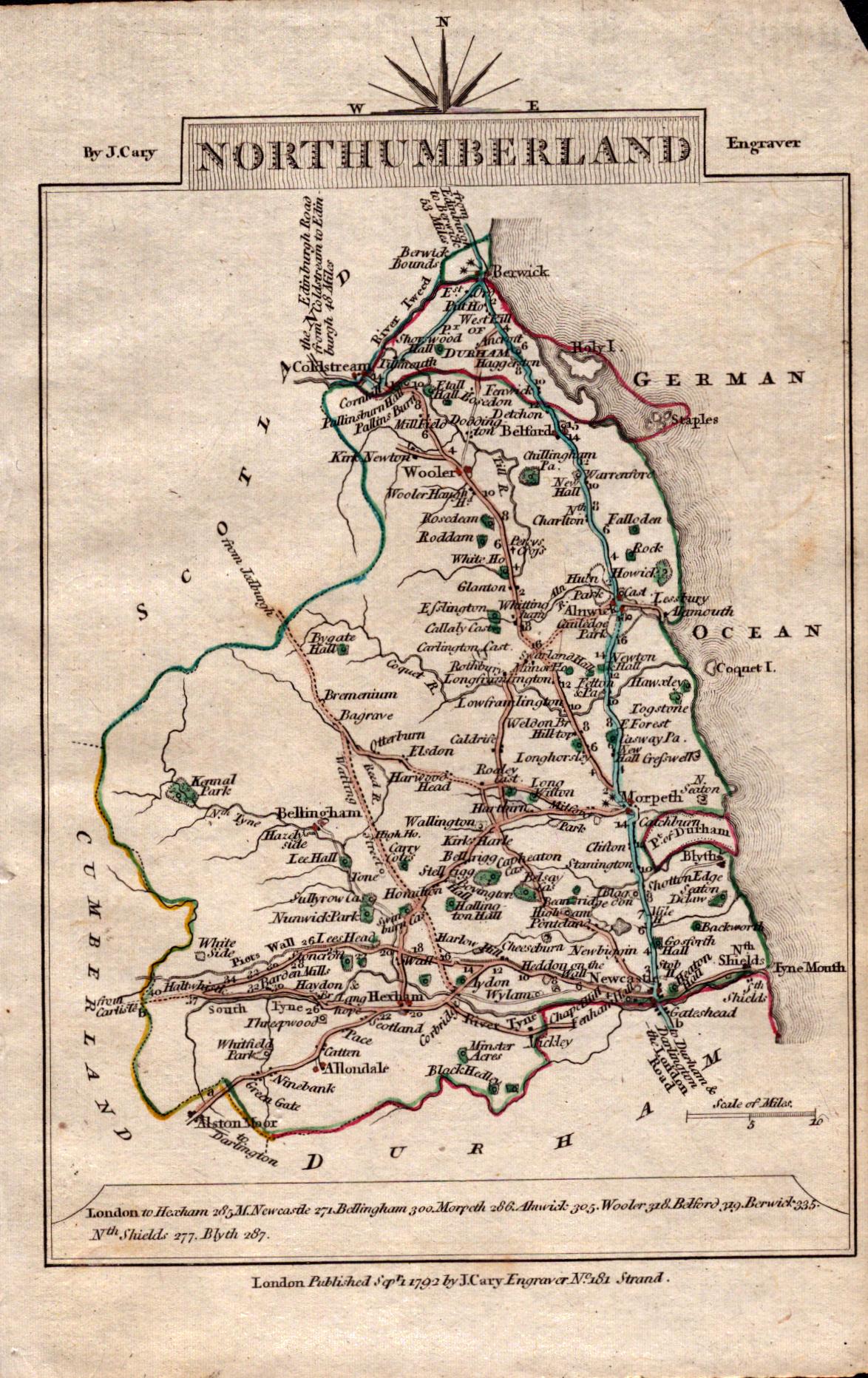 Northumberland John Cary’s 1792 Antique Coloured Engraved Map.