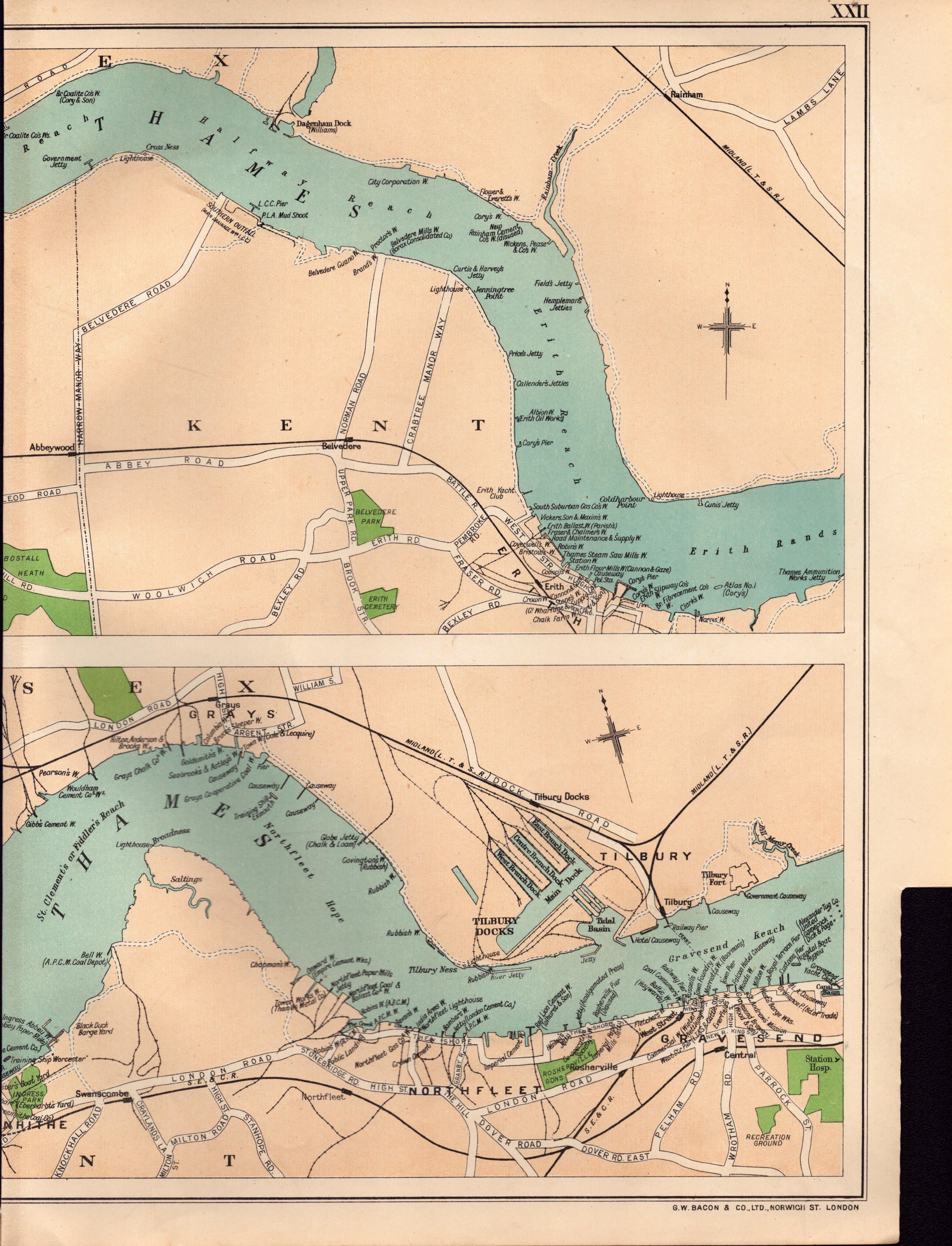 Bacons Vintage London Suburbs the River Thames Showing Wharves Map. - Image 3 of 4