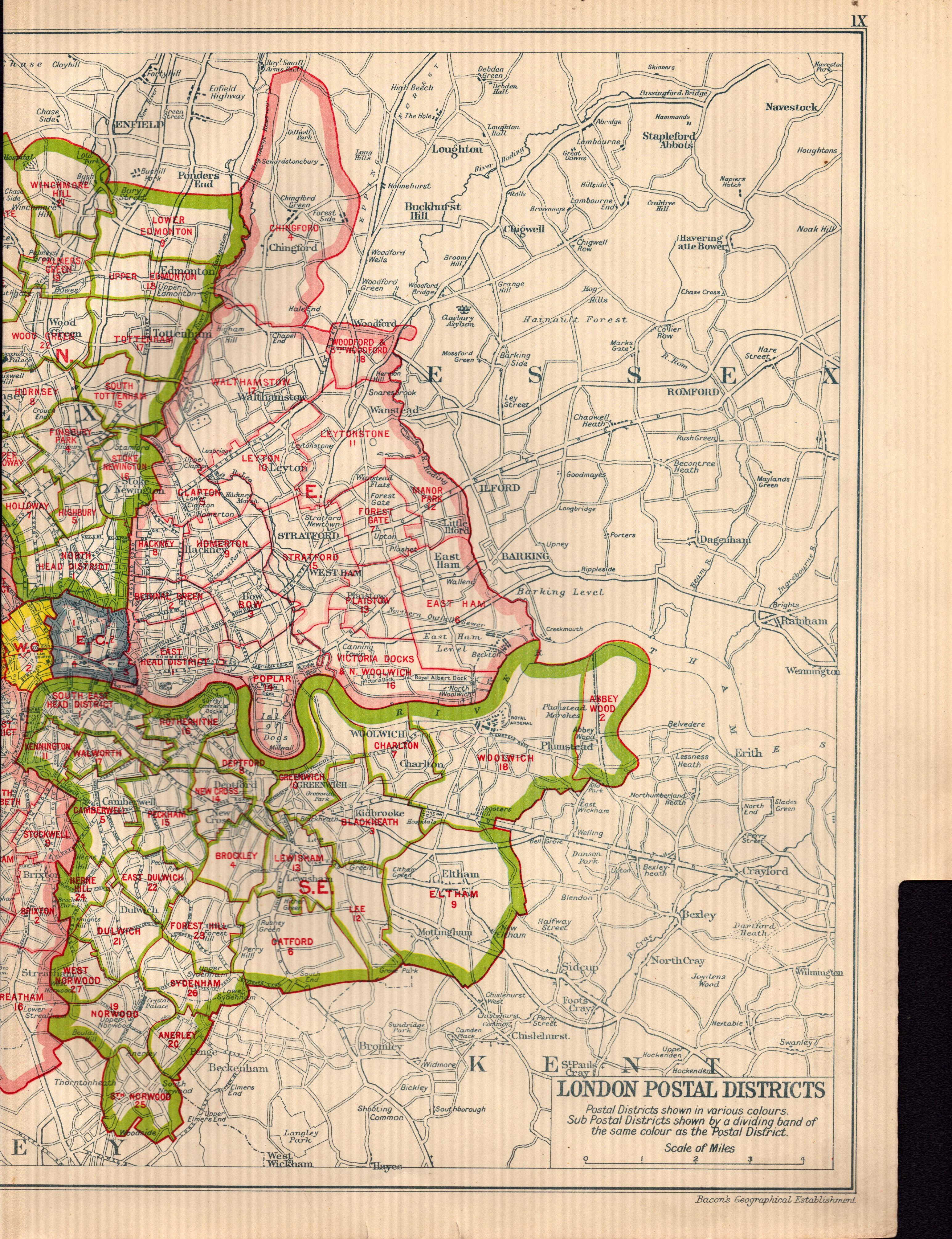 Bacons Vintage London Metropolitan Postal Districts Coloured Map. - Image 3 of 4