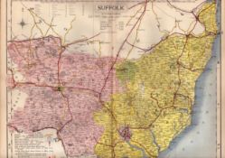 The County of Suffolk Large Victorian Letts 1884 Antique Coloured Map.