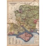 County of Hampshire Large Victorian Letts 1884 Antique Coloured Map.
