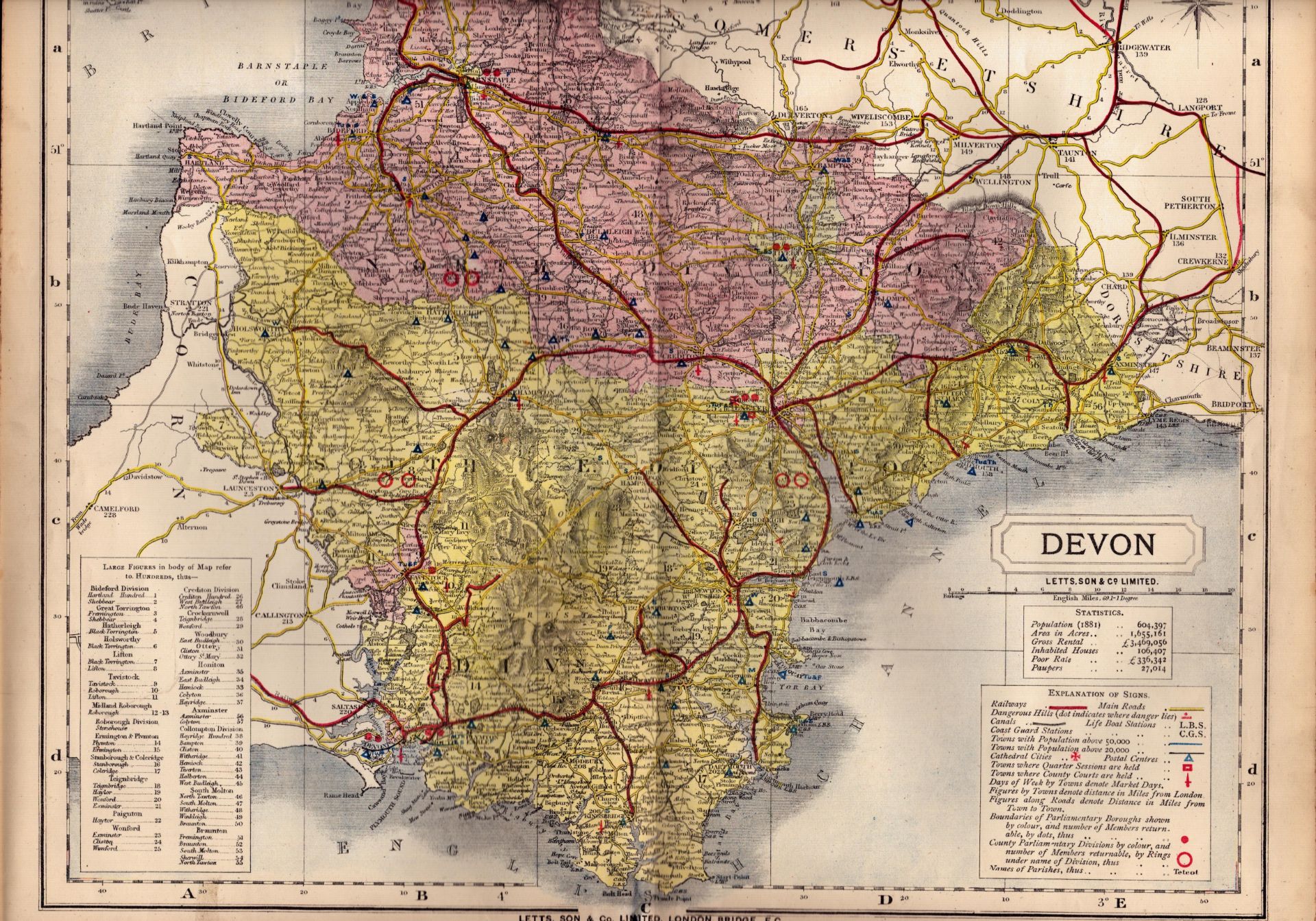 The County of Devon Large Victorian Letts 1884 Antique Coloured Map.