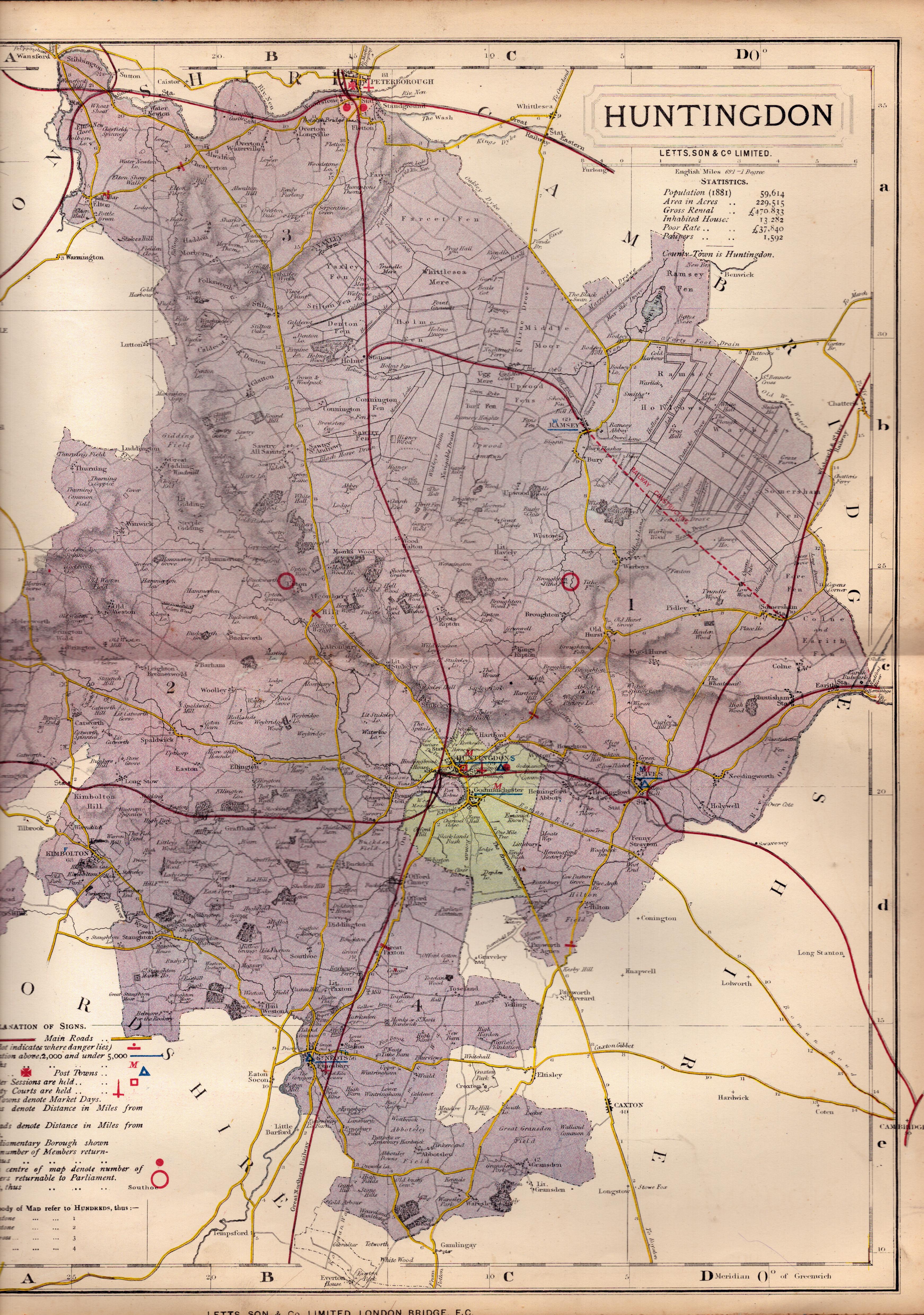 County of Huntingdonshire Large Victorian Letts 1884 Antique Coloured Map.