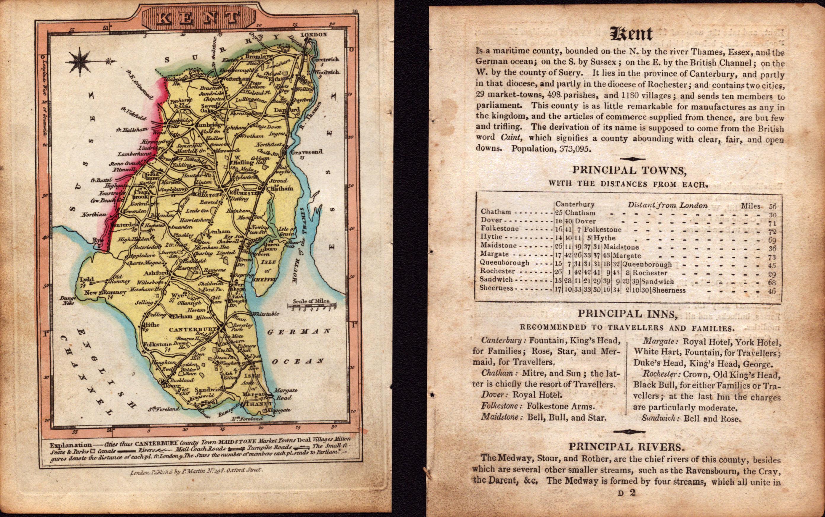 Kent 200 Yr Old Engraved Hand Coloured King George IV Antique Map & Text.