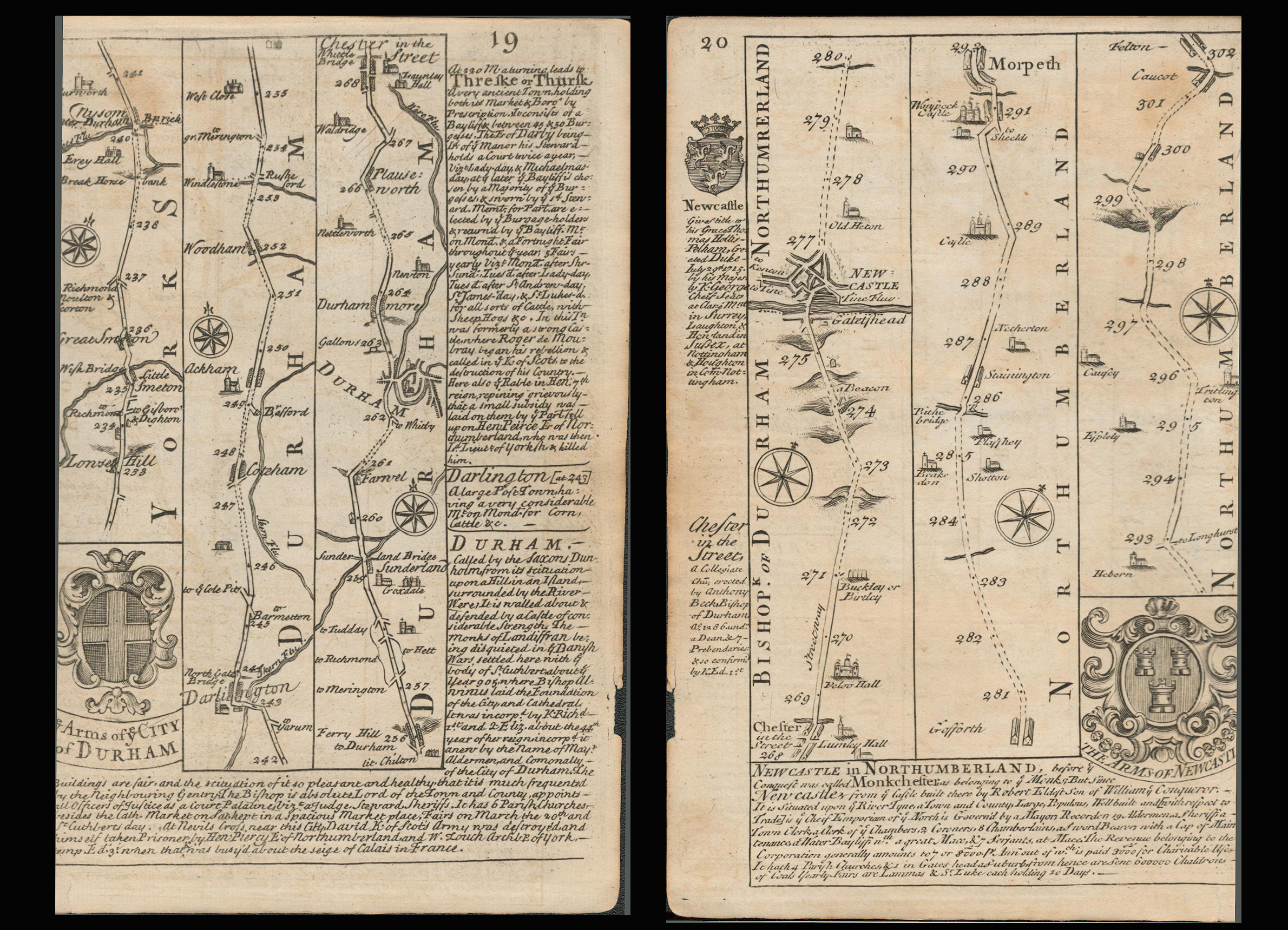 Bowen 290 Yrs Old Detailed Road Map Arms of the City of Durham & Newcastle.