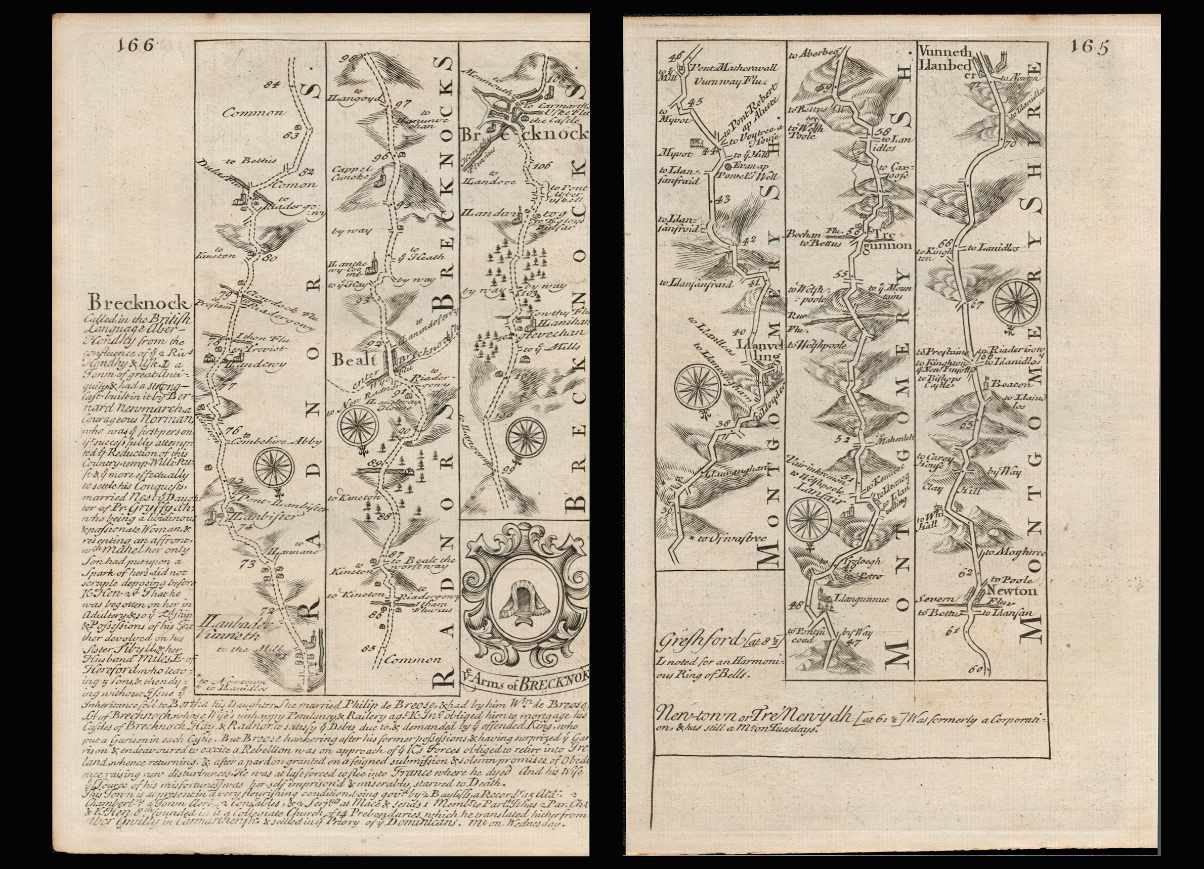 Bowen 290 Yrs Old Detailed Road Map Wales Tregynon Newtown Wells, Brecon.