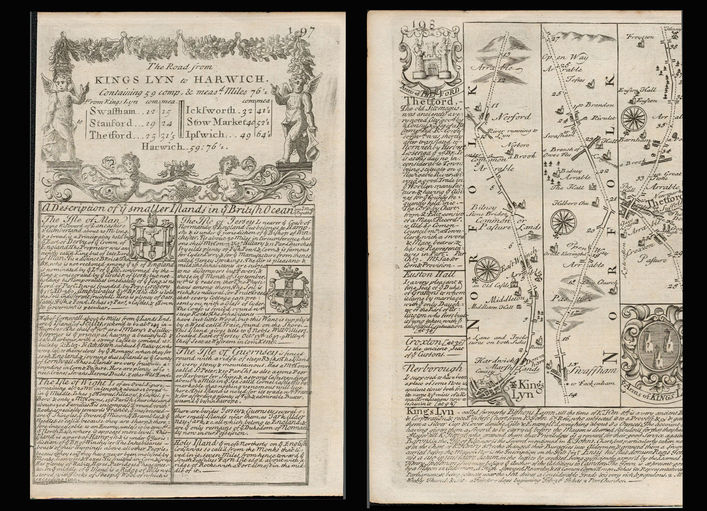 Bowen 290 Yrs Old Detailed Road Map Kings Lynn to Harwich Thetford Ipswich.