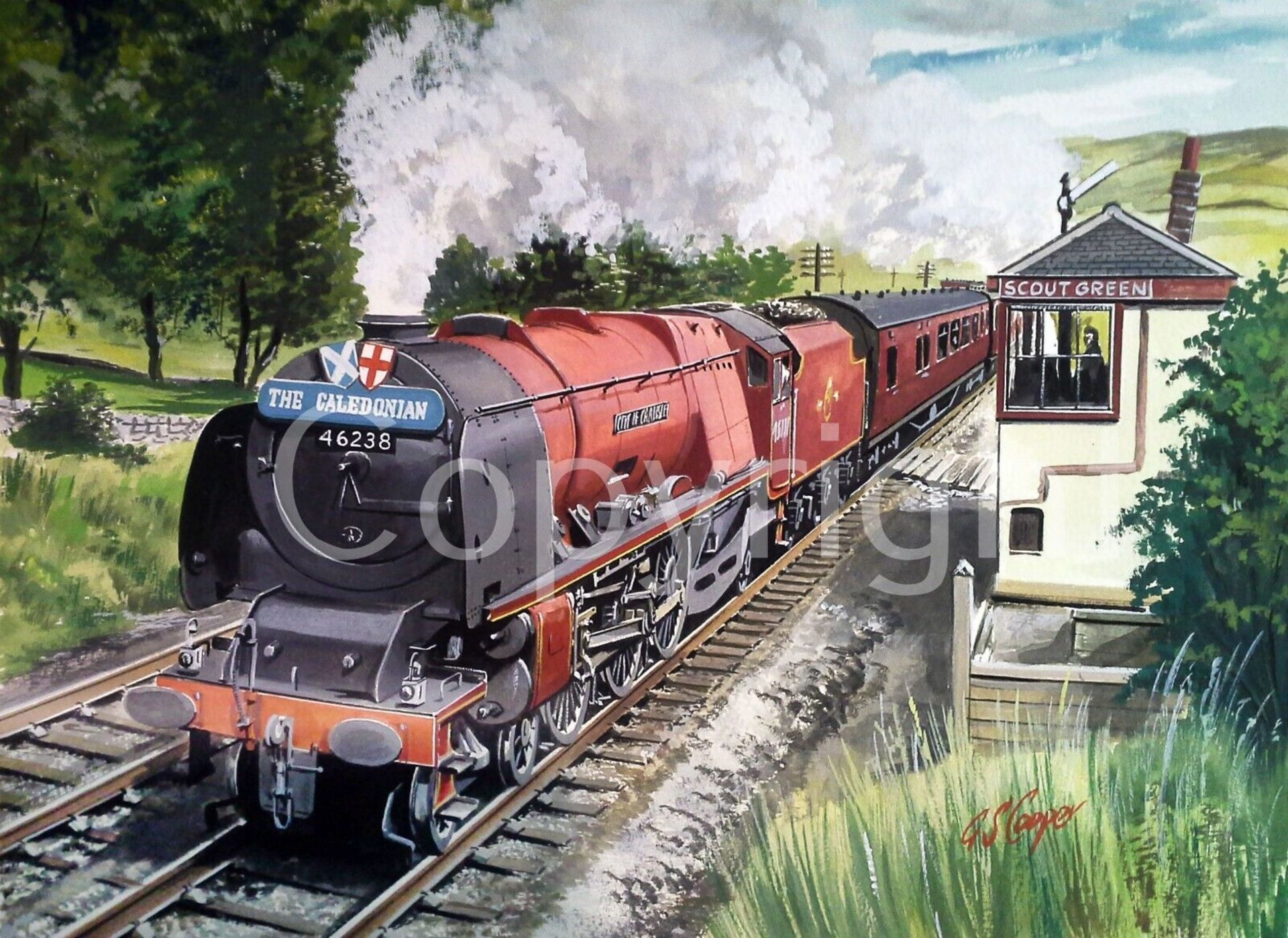 Caledonian Steam Train Passing Scout Green Signal Box Metal Wall Art