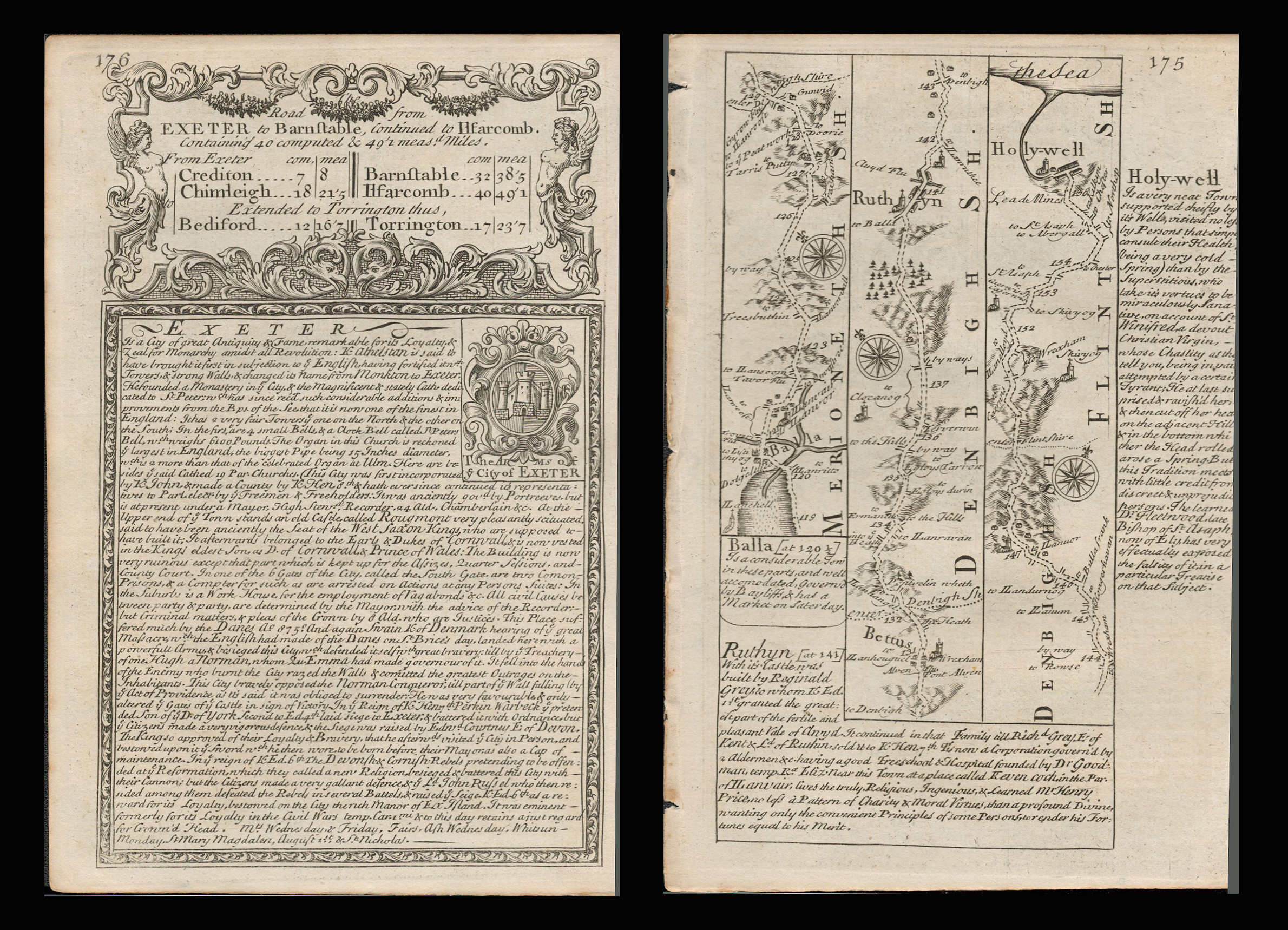 Bowen 290 Yrs Old Detailed Road Map Exeter to Barnstable to Ilfracombe.