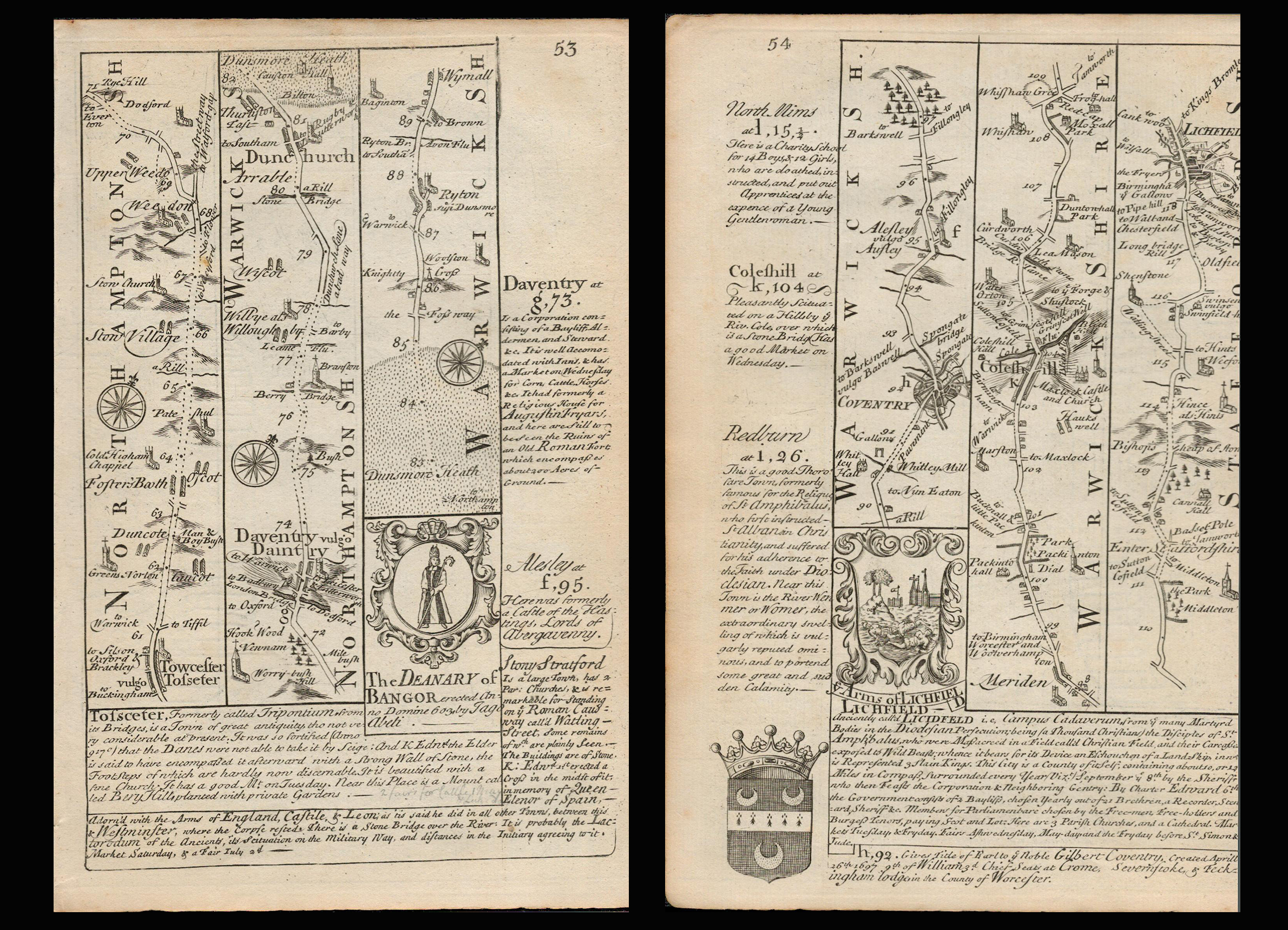 Bowen 290 Yrs Old Detailed Road Map Towcester, Daventry, Dunchurch, Coventry.