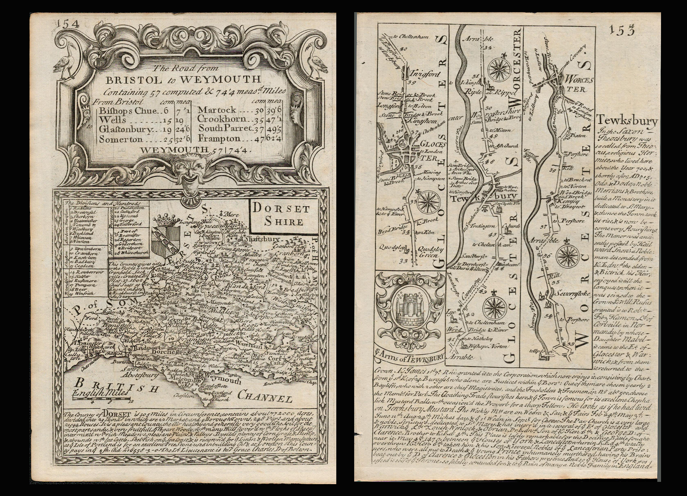 Bowen 290 Yrs Old Detailed Road Map Bristol To Weymouth Dorsetshire.