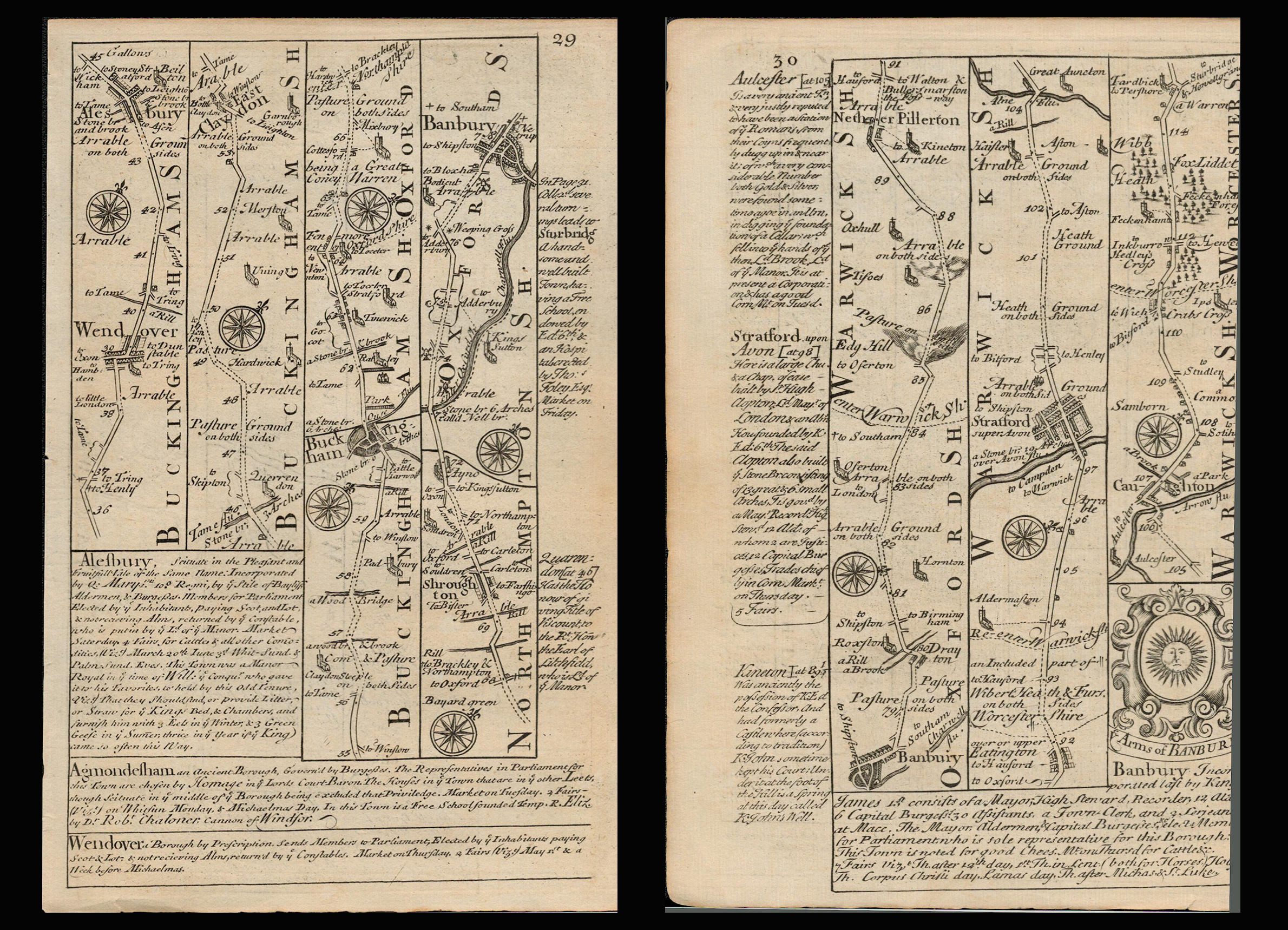 Bowen 290 Yrs Old Detailed Road Map Aylesbury, Stratford Upon Avon Banbury.