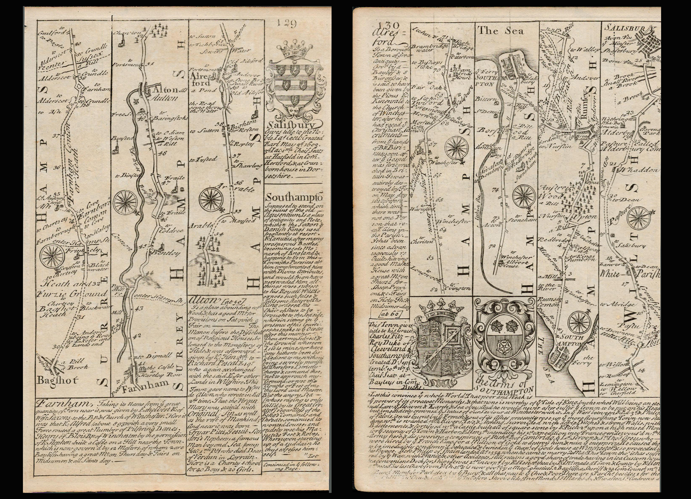 Bowen 290 Yrs Old Detailed Road Map Bagshot, Farnham, Southampton, Salisbury.