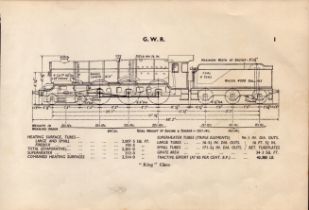 GWR Railway King Class Locomotive Detailed Drawing Diagram 85 Yrs Old Print.