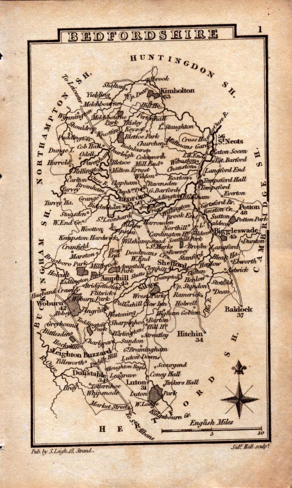 Bedfordshire Antique Copper Engraved King George IV Map by Sidney Hall.