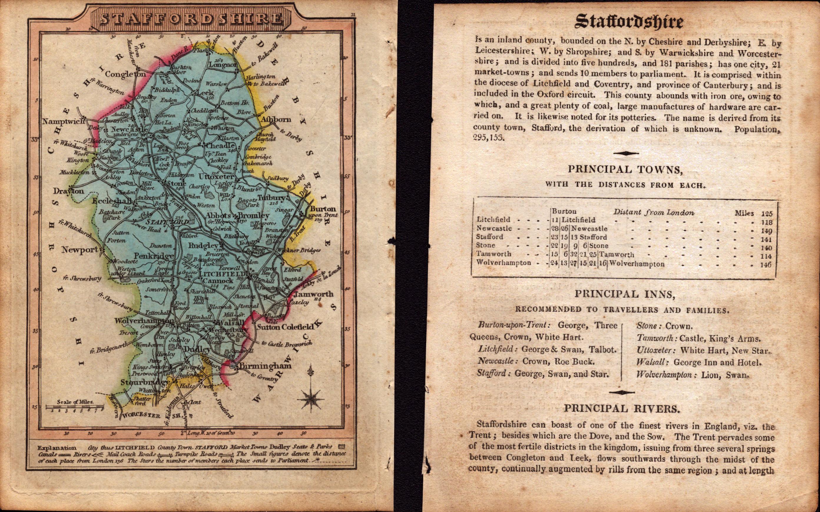 Staffordshire 200 Yr Old Engraved Hand Coloured George IV Antique Map & Text.